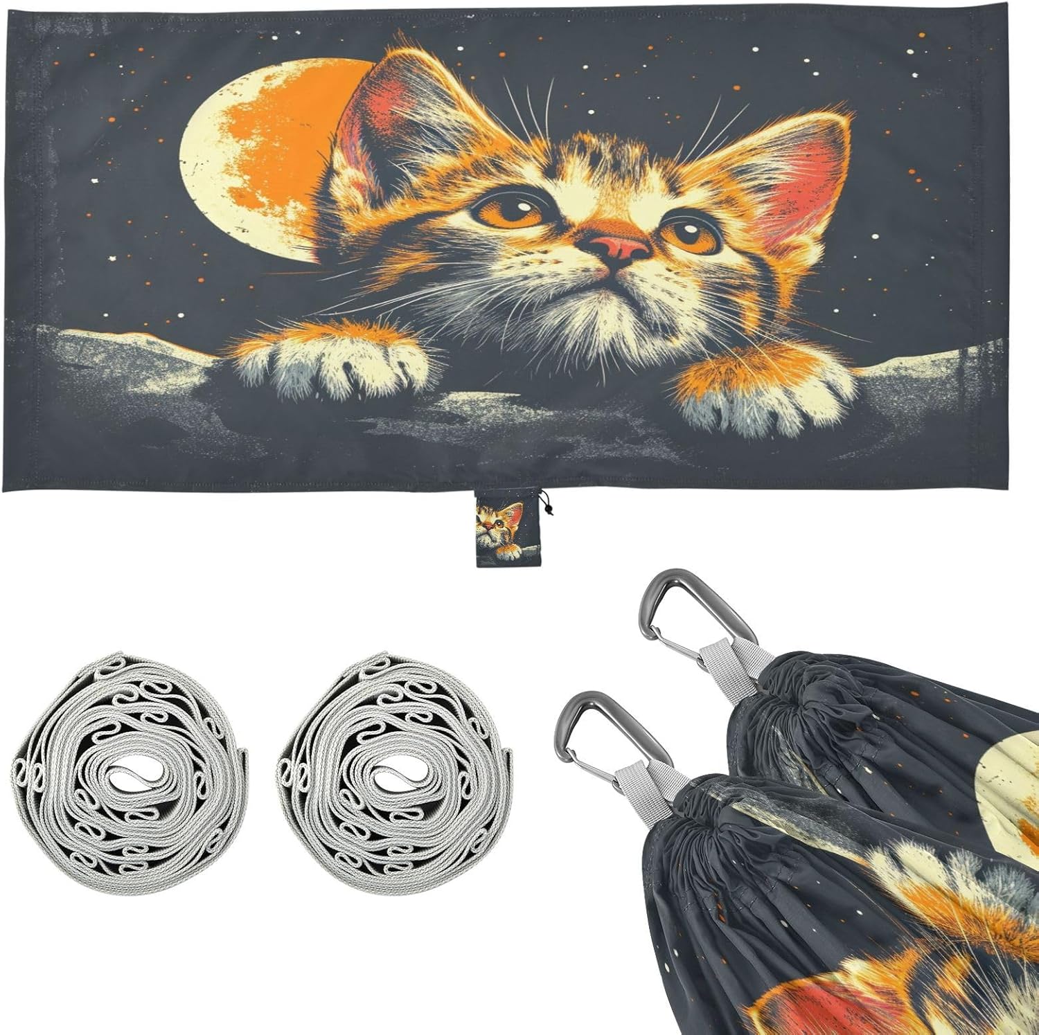 ALAZA Cat Kitten Cute Camping Hammocks Single or 2 Person 500 lbs Portable Parachute Travel Hammock w/Tree Straps for Hiking Backpacking Indoor Outdoor