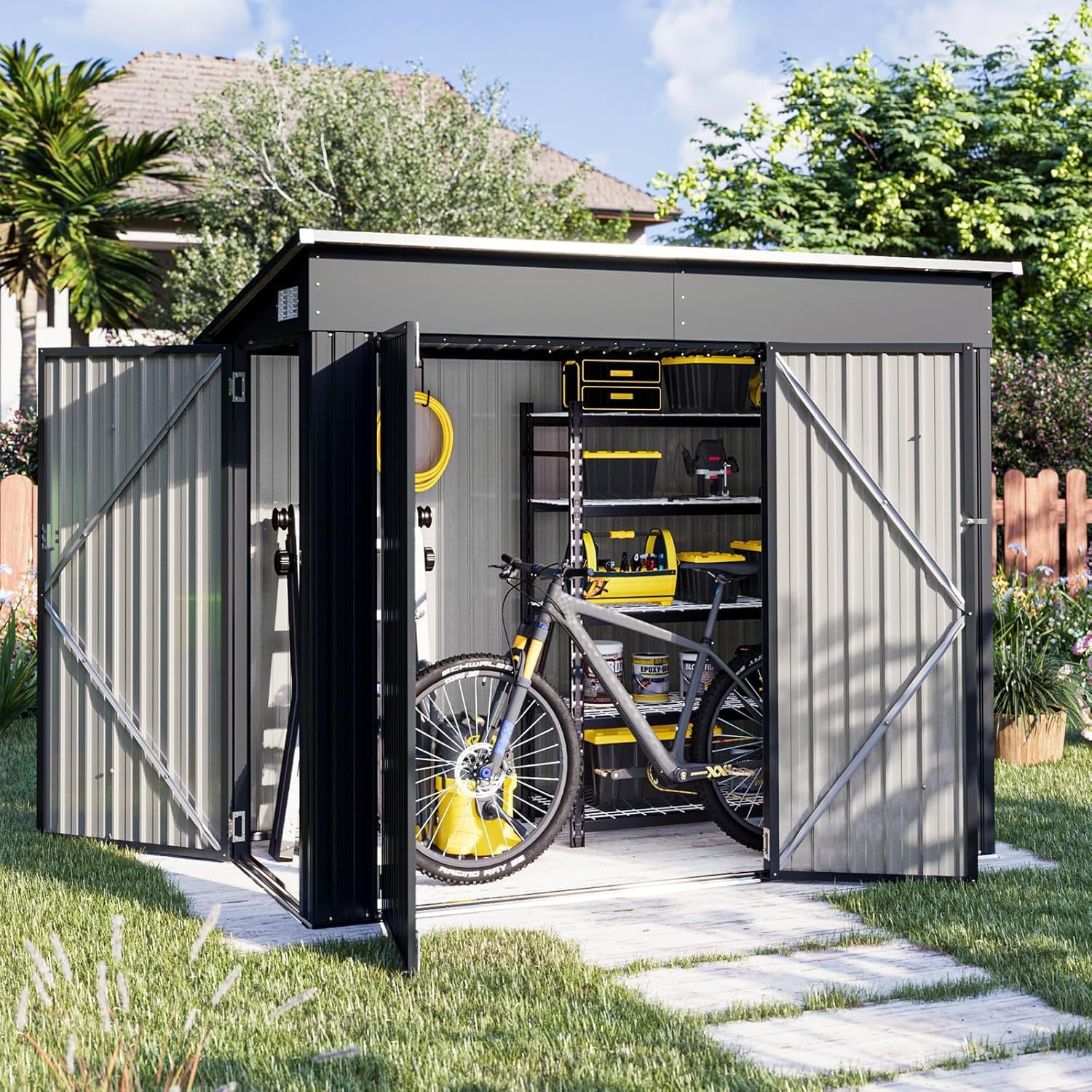 Aoxun 5x3ft Metal Garden Shed, Sheds and Outdoor Storage, Galvanized Waterproof Strong Reinforced Roof, with Lockable Doors & Slooping Roof for Backyard, Patio, Black — view 16
