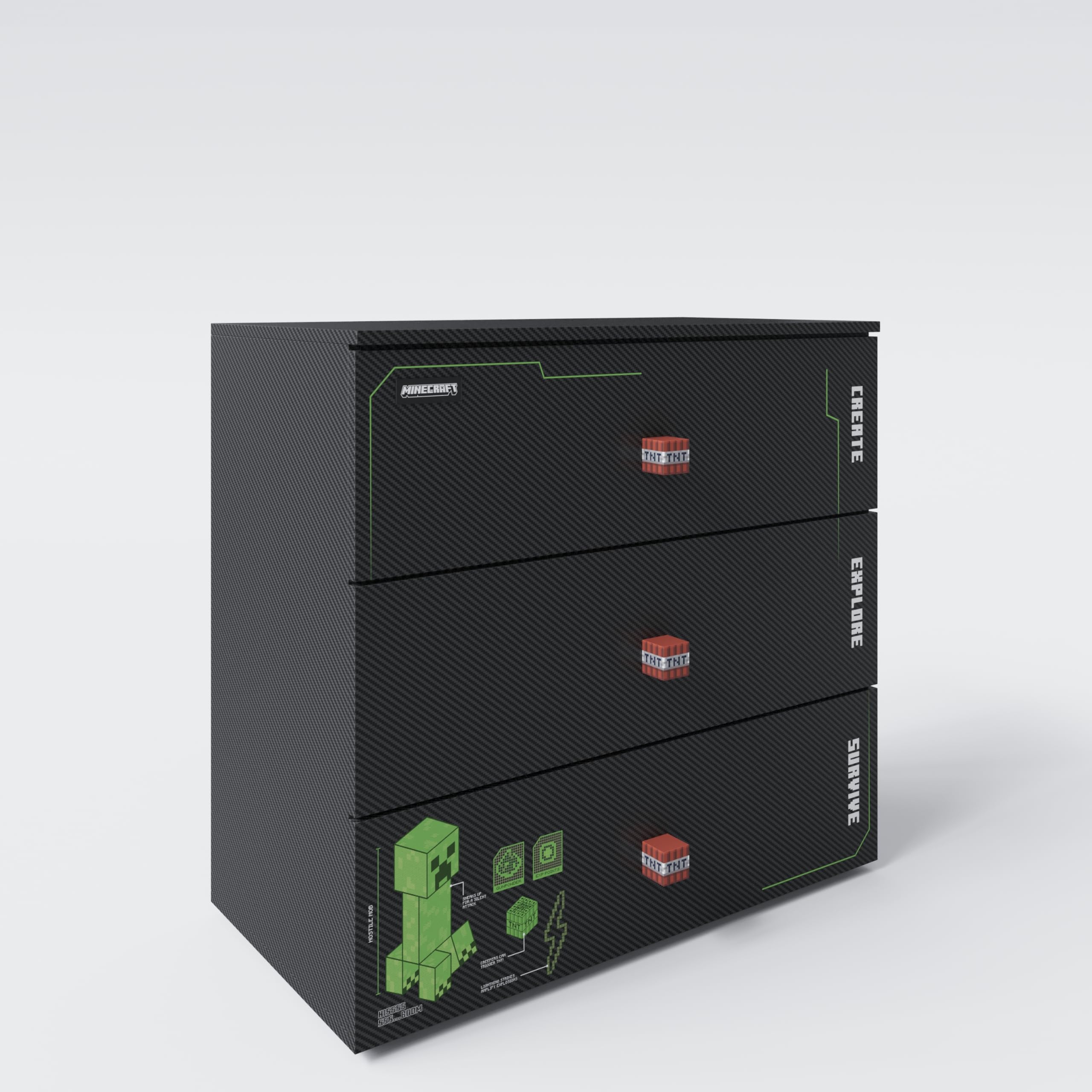 original Minecraft Kommode mit 3 Schubladen und LED Beleuchtung