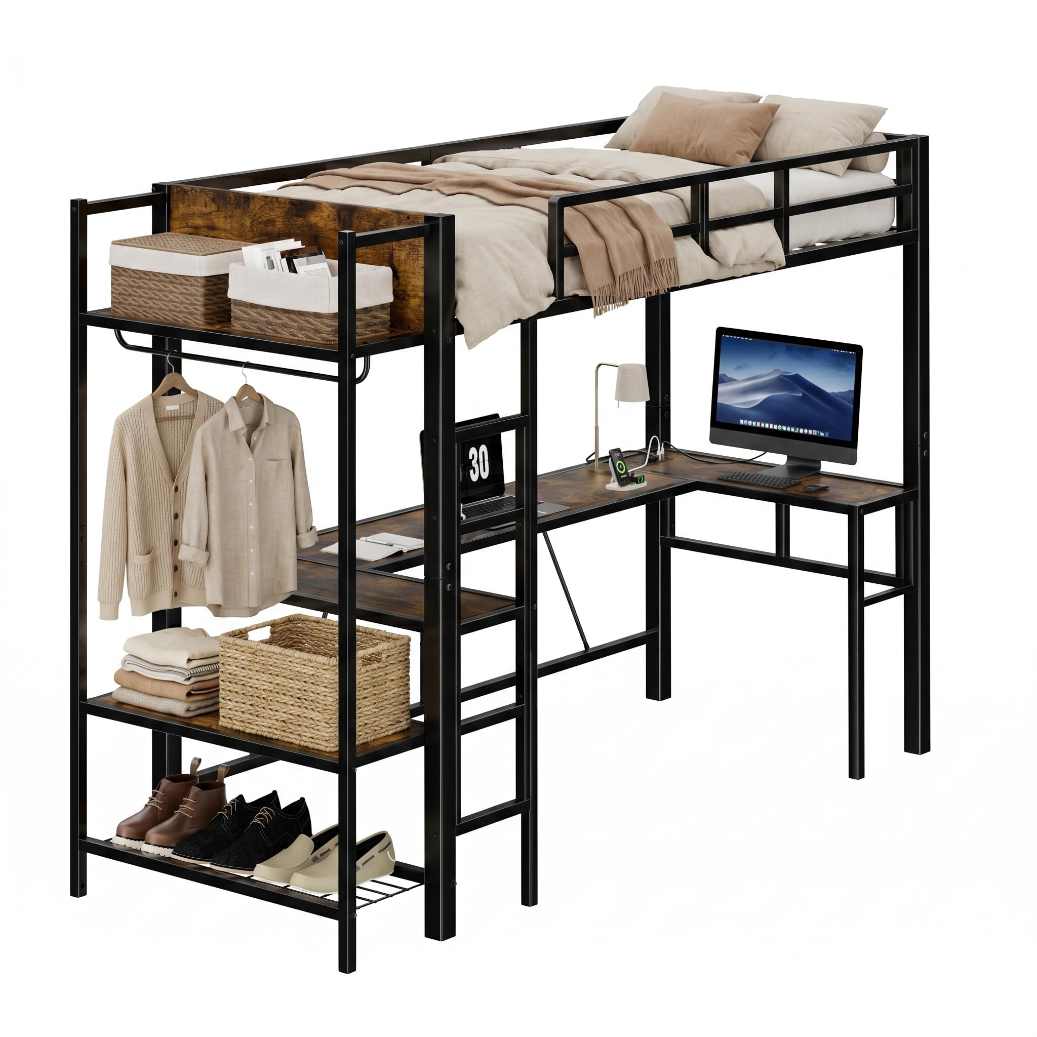 EGGREE Letto a Soppalco 90x200 cm con Scrivania a L, Presa e USB, Letto in Metallo con Appendiabiti, Scarpiera e Ripiani, Letto Salvaspazio per Cameretta, Nero