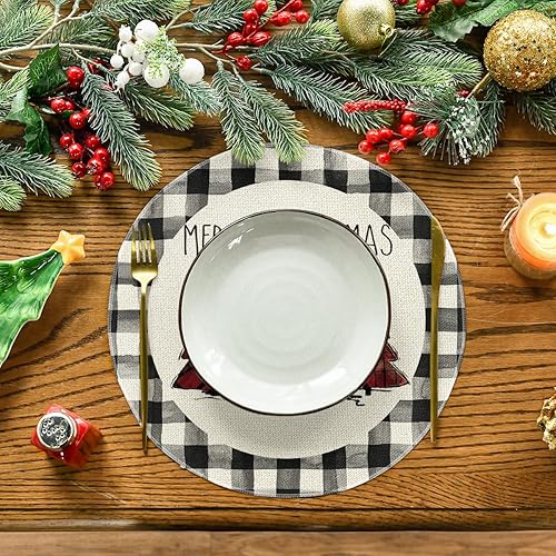 Miniatura 2 de Artoid Mode Waterclor Buffalo - Juego de 4 manteles individuales redondos con diseño de árboles de Navidad a cuadros de Navidad de 15 pulgadas para