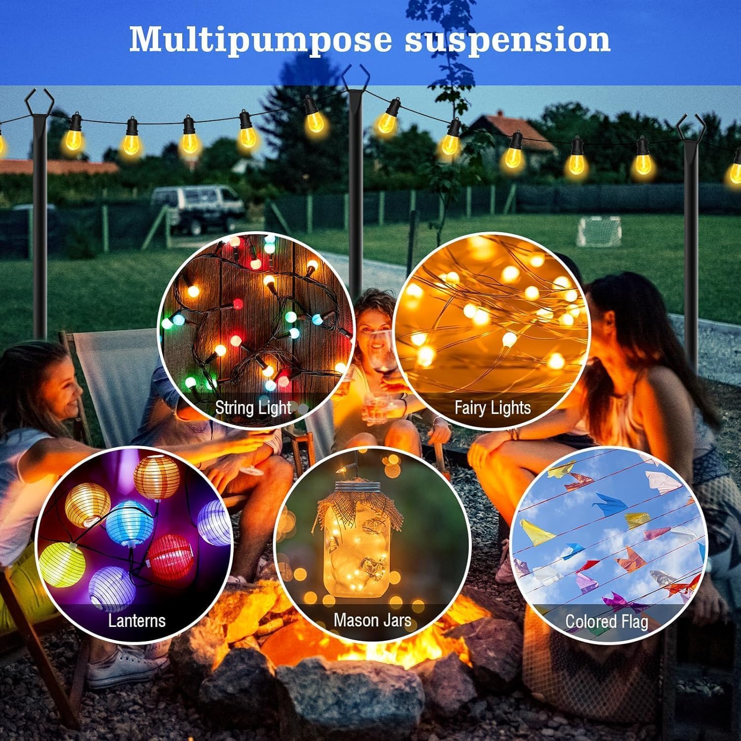 Lot de 4 barres lumineuses en métal de 2,99 m avec fourche, pour extérieur, poteaux, poteaux, stands pour extérieur, patio, terrasse, jardin, mariage, fête (4 pièces)