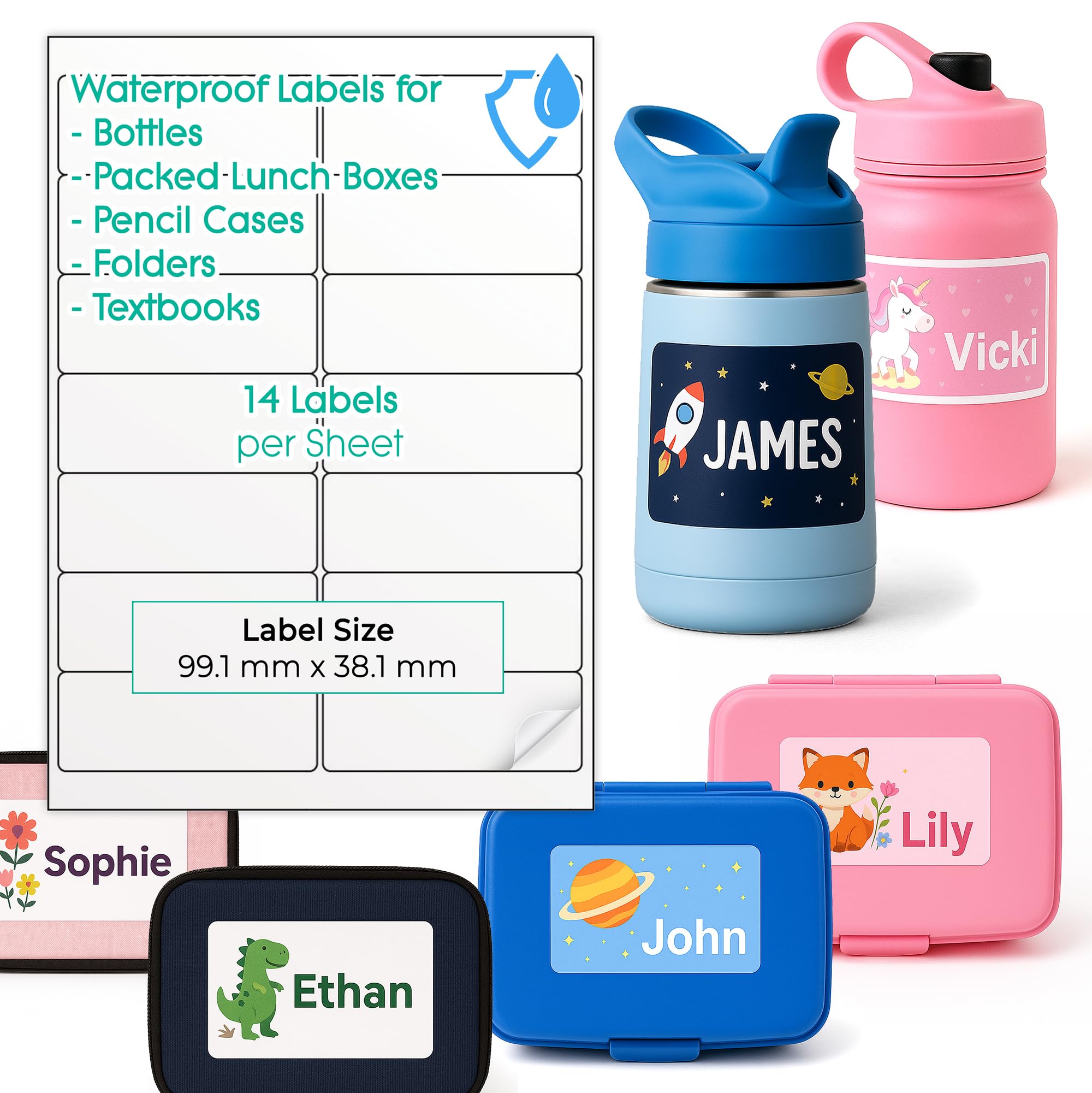 A4 White Matte Waterproof Bottle Labels for Kids | 140 Stickers, 10 Sheets