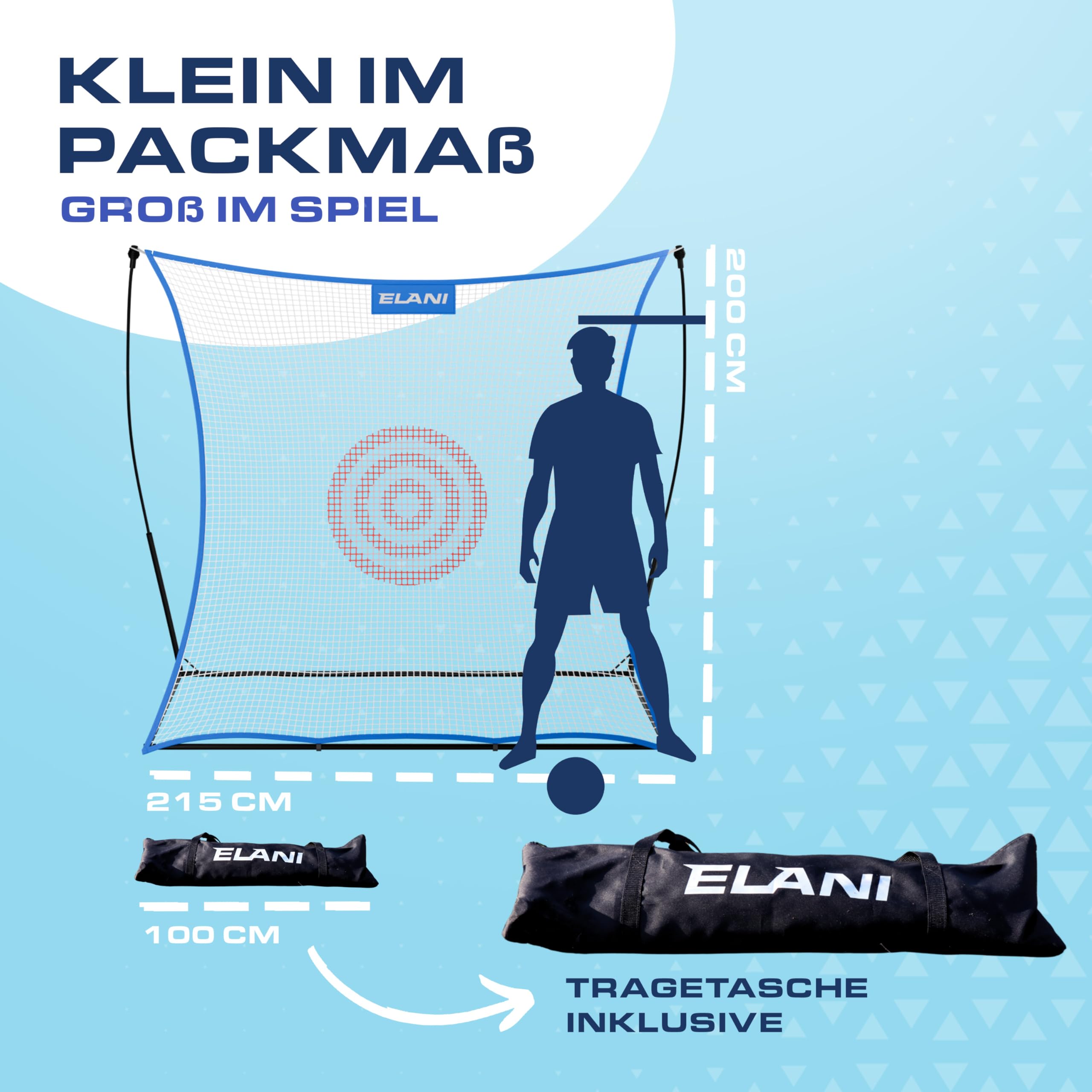 ELANI - Rebounder 2x2m - extra groß mit Zielring & 8 Heringen für sicheren Stand - Fussball Rebounder mit stabilem Rahmen - Fußball-rebounder, Handball Tor, Bouncer Fussball, Ball Trampolin