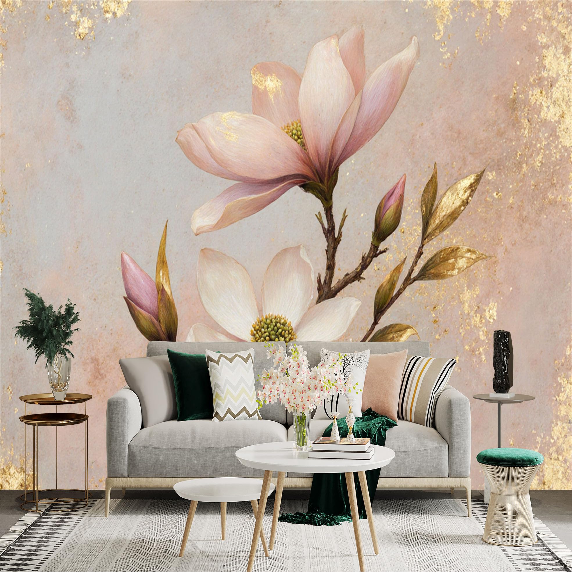 Custom Size Wall Sticker Mural， Elegant Magnolia Flowers with Golden Leaf Texture， Soft Blush Background， Floral Art， for wall Decoration， peelandstick wall Decals.