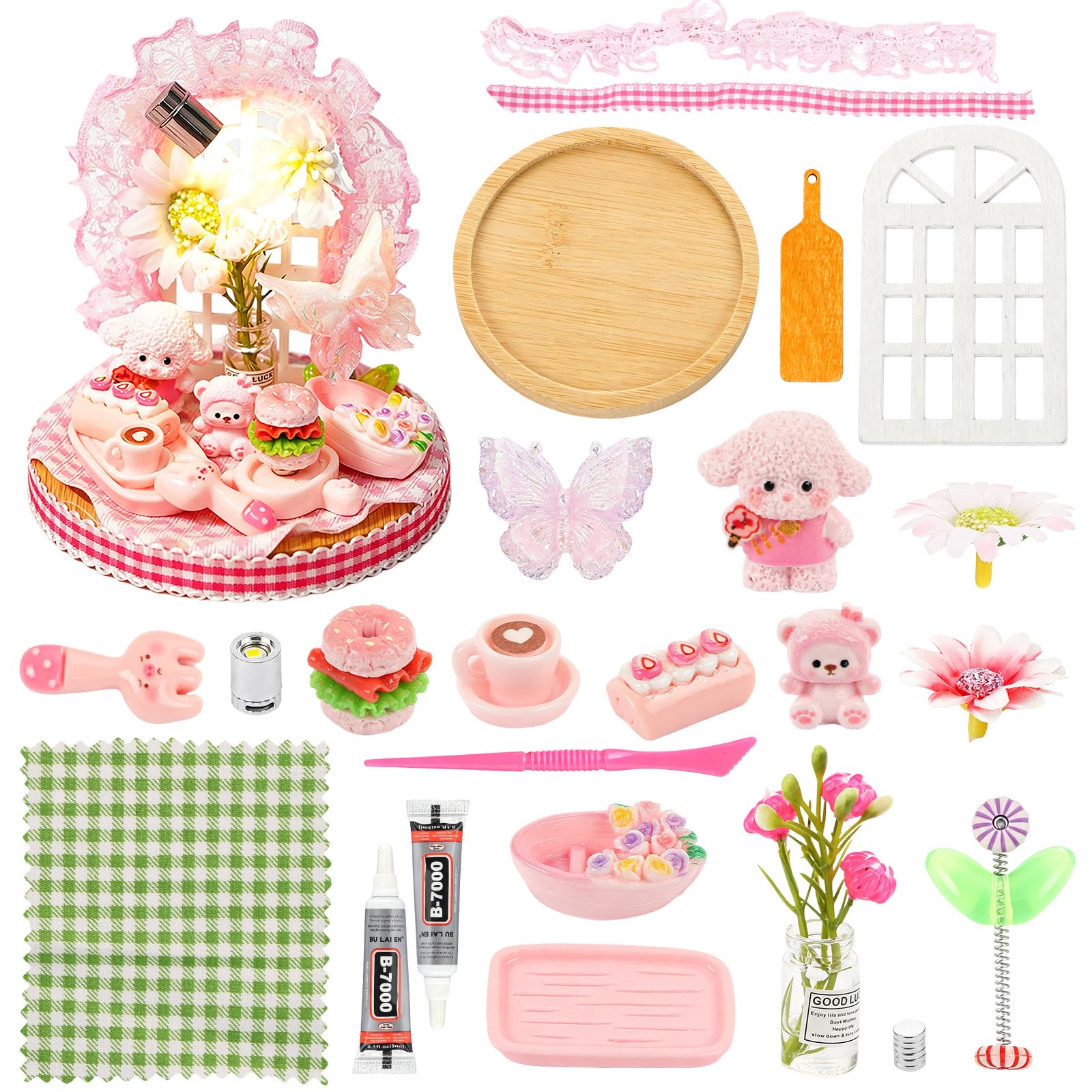 LALASTYLE Fairy Garden Miniature DIY Kit, Garden Tea Party Series with Door, Small Animals, Guitar & Afternoon Tea Set, DIY Micro Landscape Desk Ornament for Dollhouse, Succulent & Home Decor (Pink)