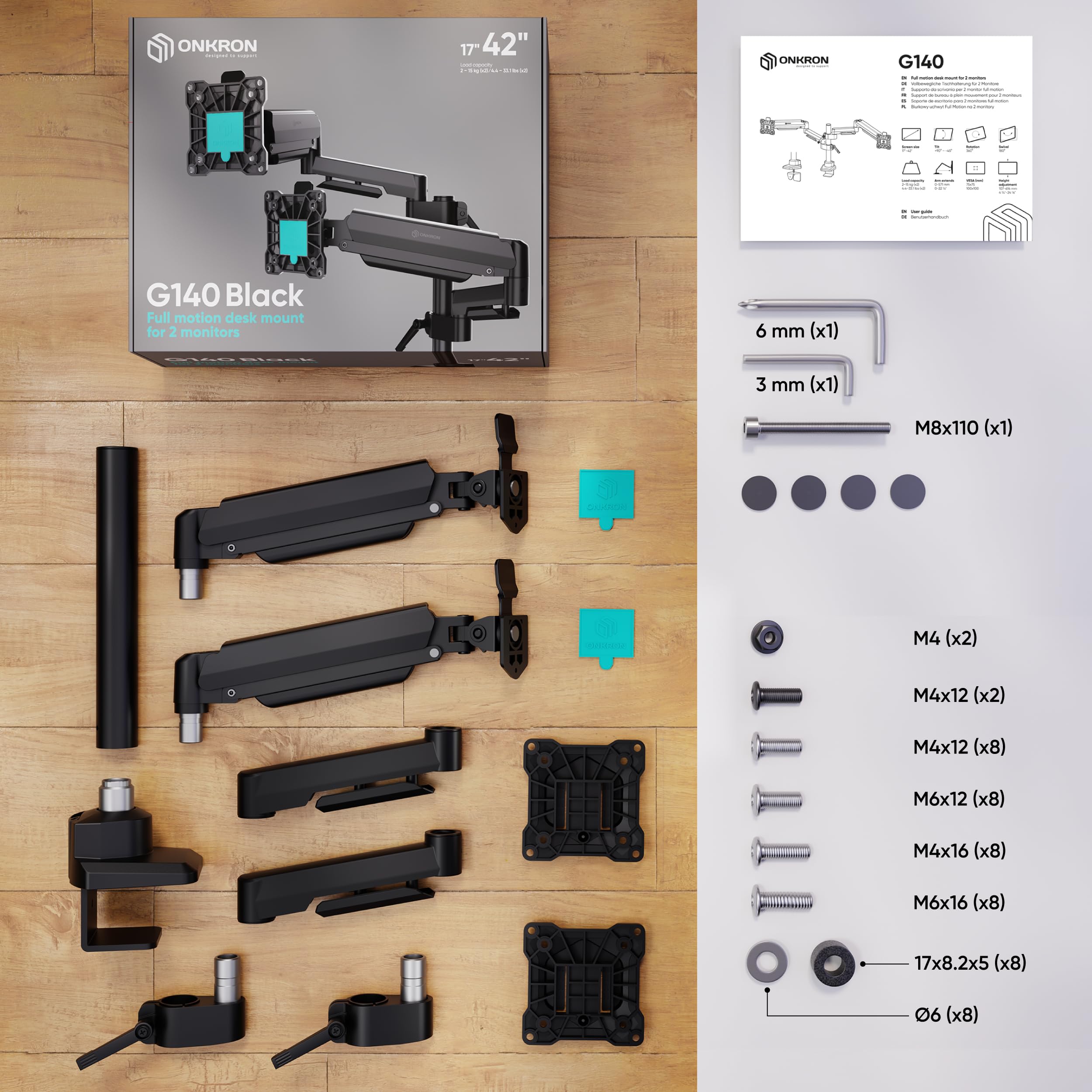 ONKRON Monitor Halterung 2 Monitore für 17-42 Zoll Bildschirme bis 15 kg pro Arm, dual Monitor Arm mit Gasdruckfeder, Monitorhalterung VESA 75x75-100x100, Tischhalterung verstellbar Schwarz G140-B