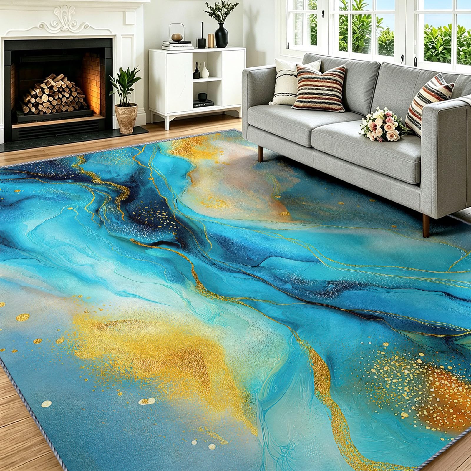 Tapis de salon bleu 160x230 cm effet marbre moderne