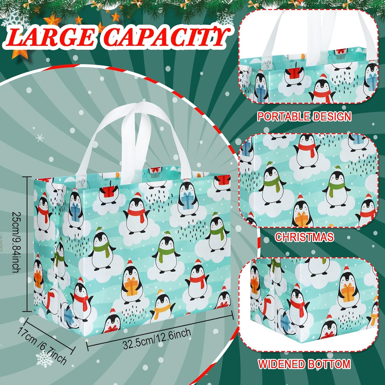 Sanwuta Christmas Bags Bulk for Gifts 12.8 x 9.8 x 6.7 in Large Tote Treat Grocery with Handles Reusable Non Woven Pocket(24 Pcs) - Image 3