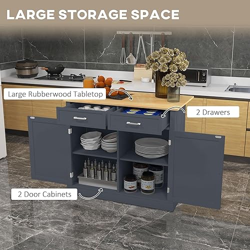 Miniatura 5 de HOMCOM Isla de cocina rodante con barra de desayuno de madera de hoja caída, carrito de cocina de granja con 2 cajones, estantes ajustables