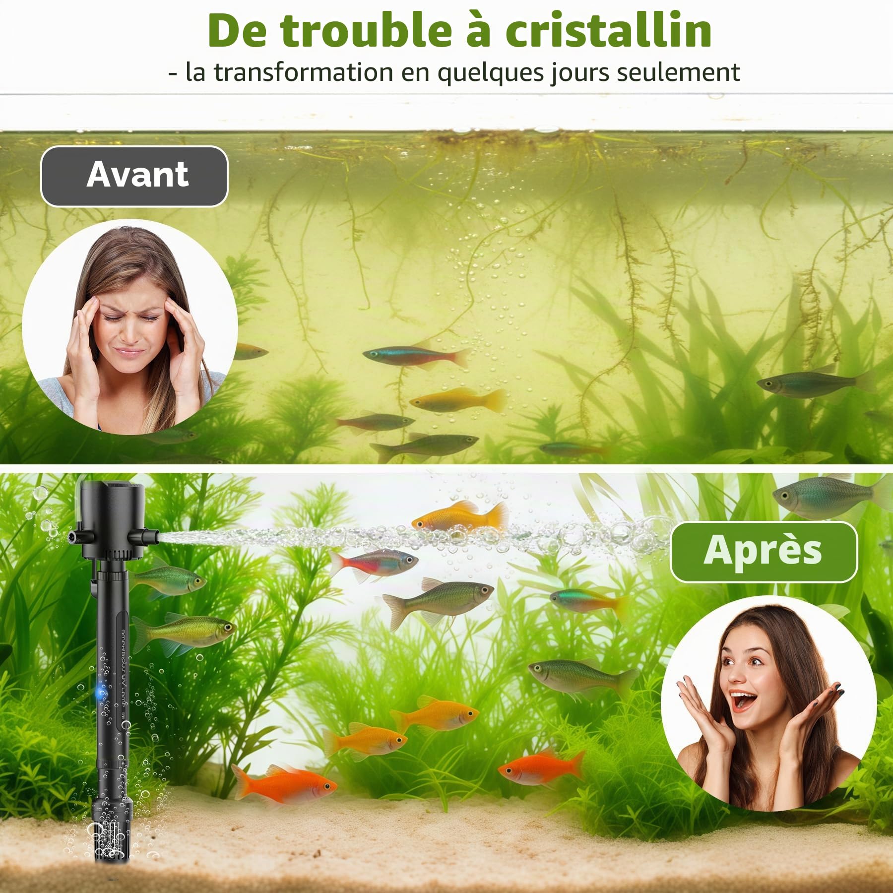 OMECO Filtre intérieur 5 en 1 pour aquarium avec stérilisateur U-V de 6 W et minuterie, 500 L/h UVC pour aquariums de 60 L à 150 L, pompe d'aquarium avec ventilation et douche de pluie