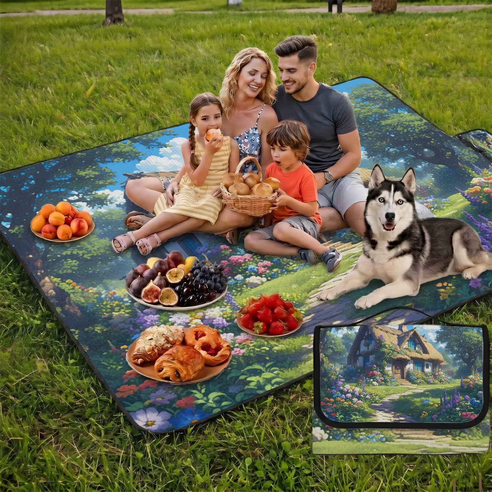 Coperta de Picnic Grande 200x200 cm, Giardino Manta Picnic Impermeable Anti-Sabbia Manta de Playa Pieghevole, Outdoor Picnic Blanket per Spiaggia, Camping, Giardino, Trekking - cottage FZ-123
