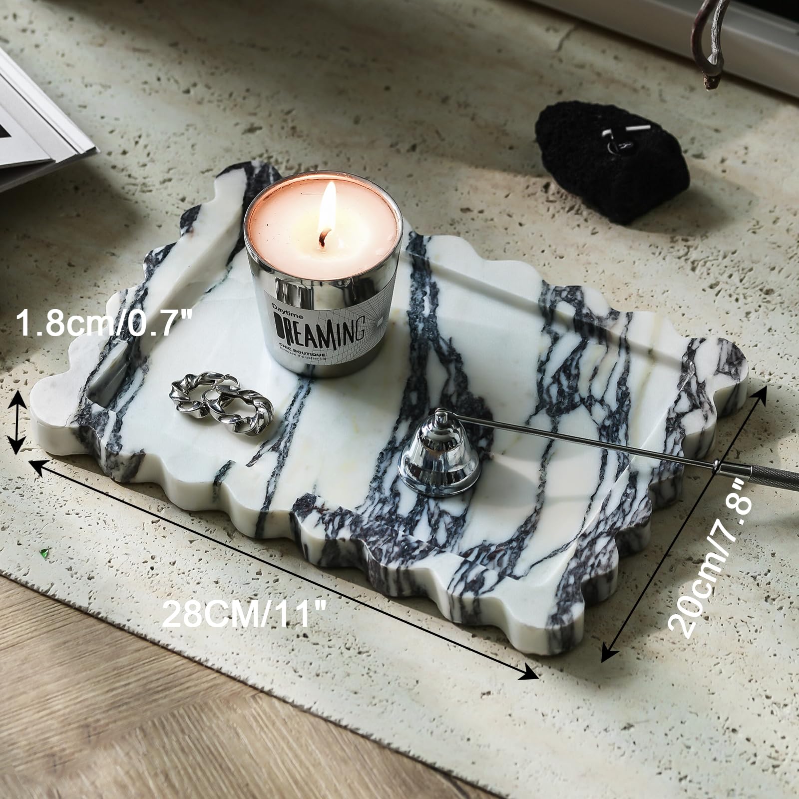 Denique Natuurlijke marmeren dienblad voor badkamer aanrecht lade steen opslag voor home decor, 12x8 echte Calacatta altviool marmeren badkamer lade