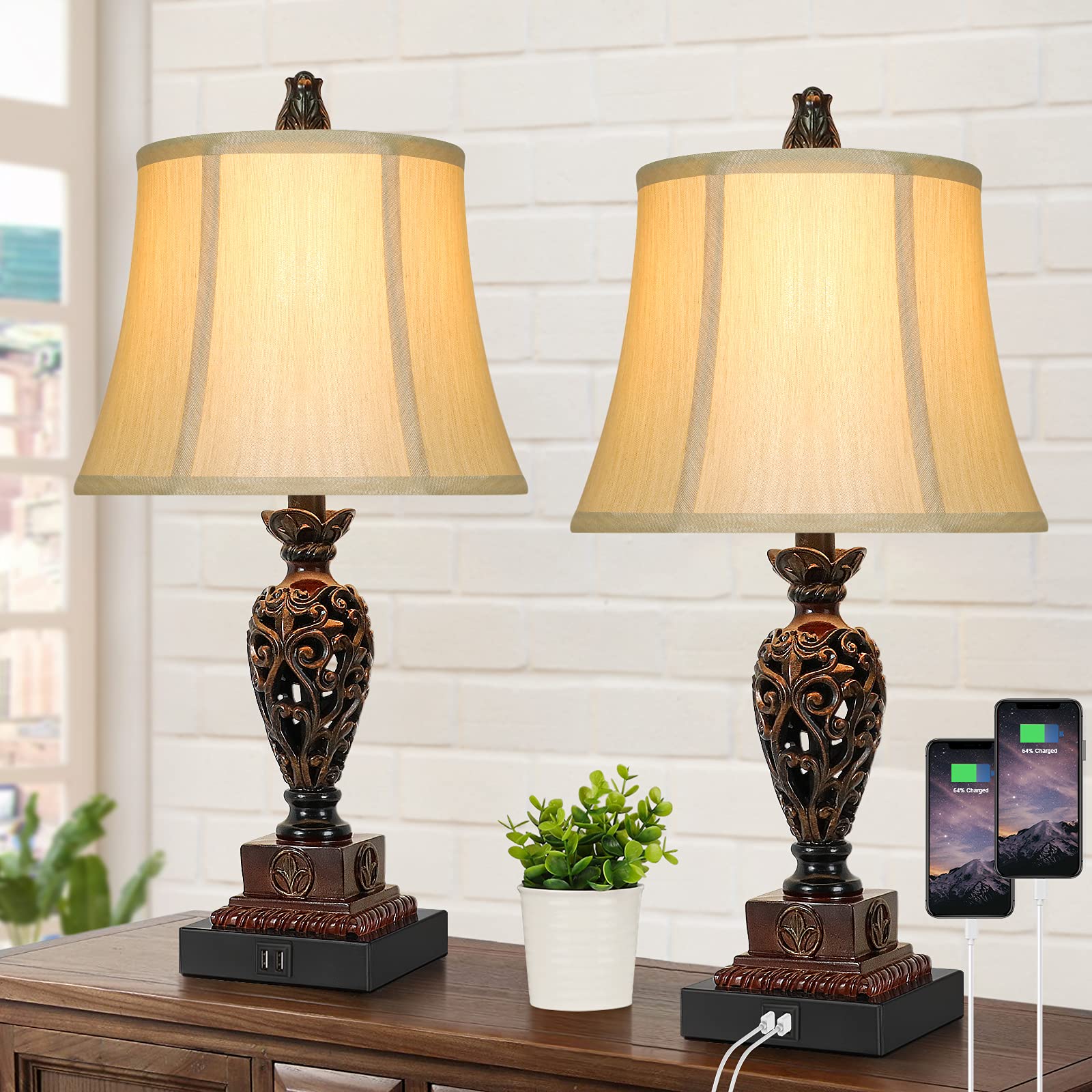 Buy Traditional Touch Table Lamps Set of 2, Vintage Rustic Bedside Nightstand Lamps with 2 USB
