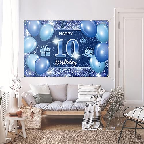 Miniatura 3 de 5665 Cartel de fondo de feliz cumpleaños número 10, decoración azul  Dot Glitter Sparkle 10 años de edad, decoración temática de fiesta de