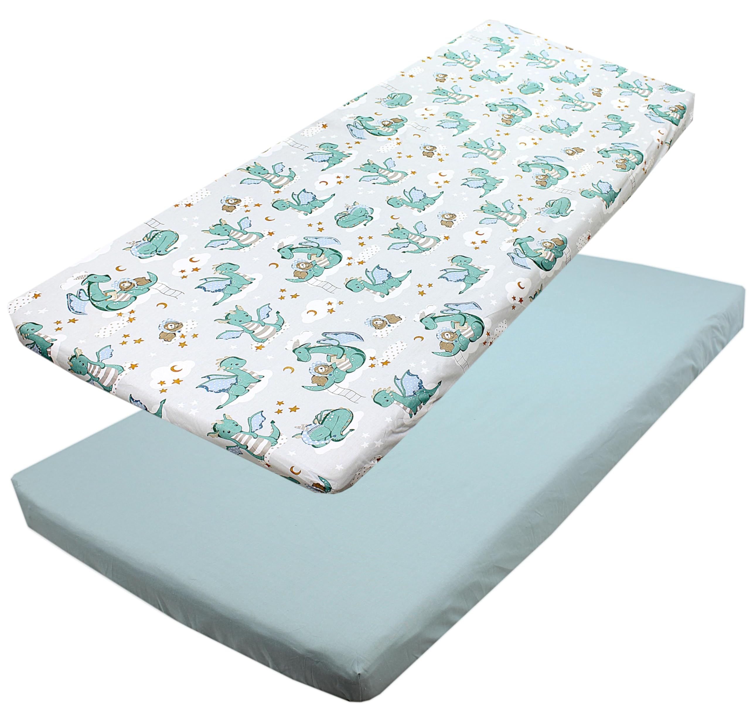 TupTam Baby Spannbettlaken Kinder Spannbetttuch für Babybett Kinderbett 2er Pack, Farbe: Drachen Grün/Grau, Größe: 90 x 200 cm