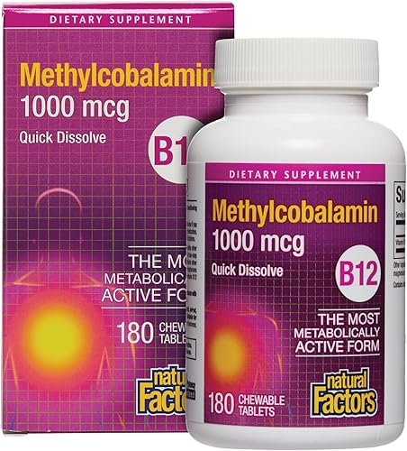 Natural Factors Vitamina B12 Metilcobalamina 1000 mcg Soporte masticable para la energía y la salud inmune Vegetariano 180 comprimidos 180 porciones