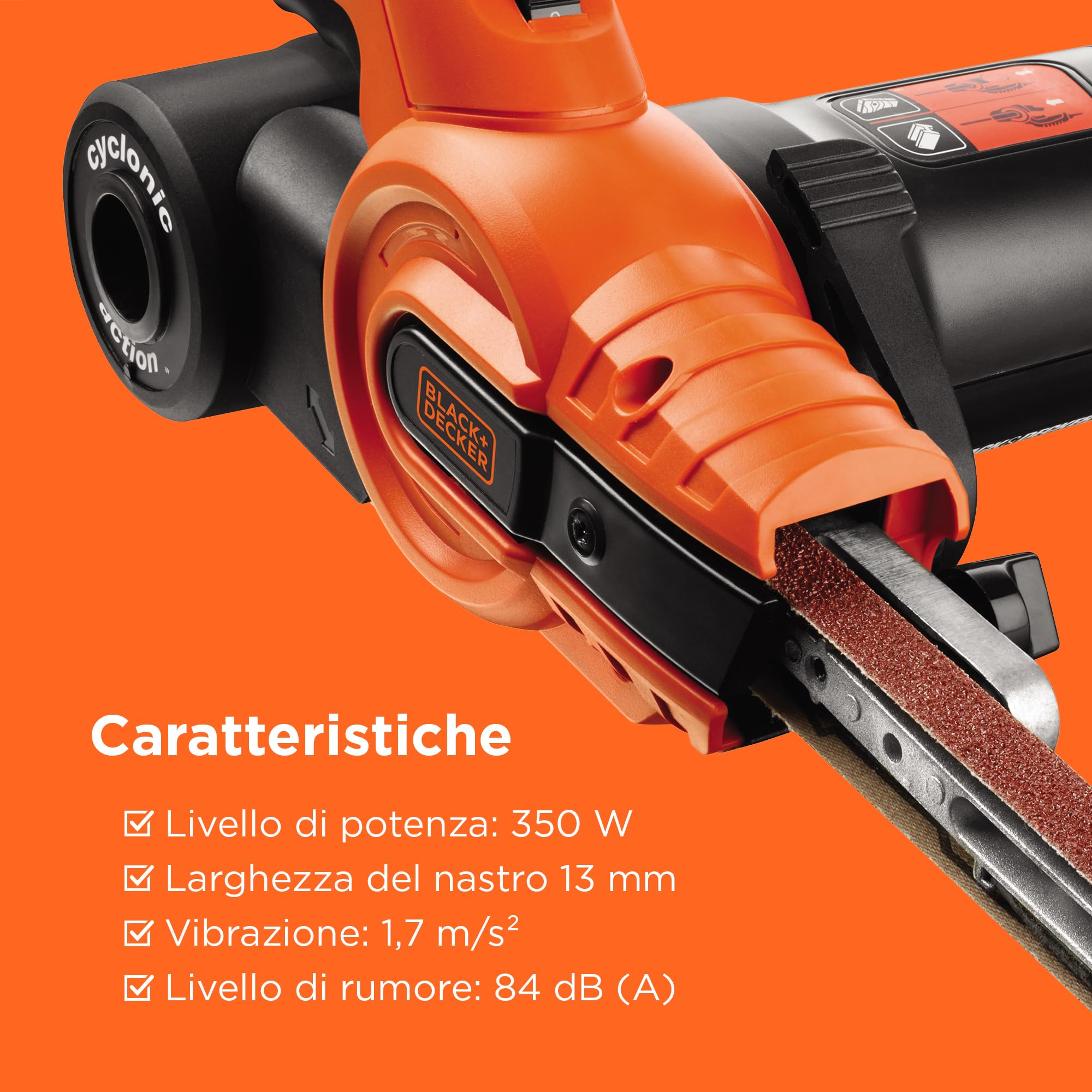 BLACK+DECKER 350W, lima a nastro da 13 mm con 3 nastri abrasivi e sistema di raccolta della polvere, KA900E-QS