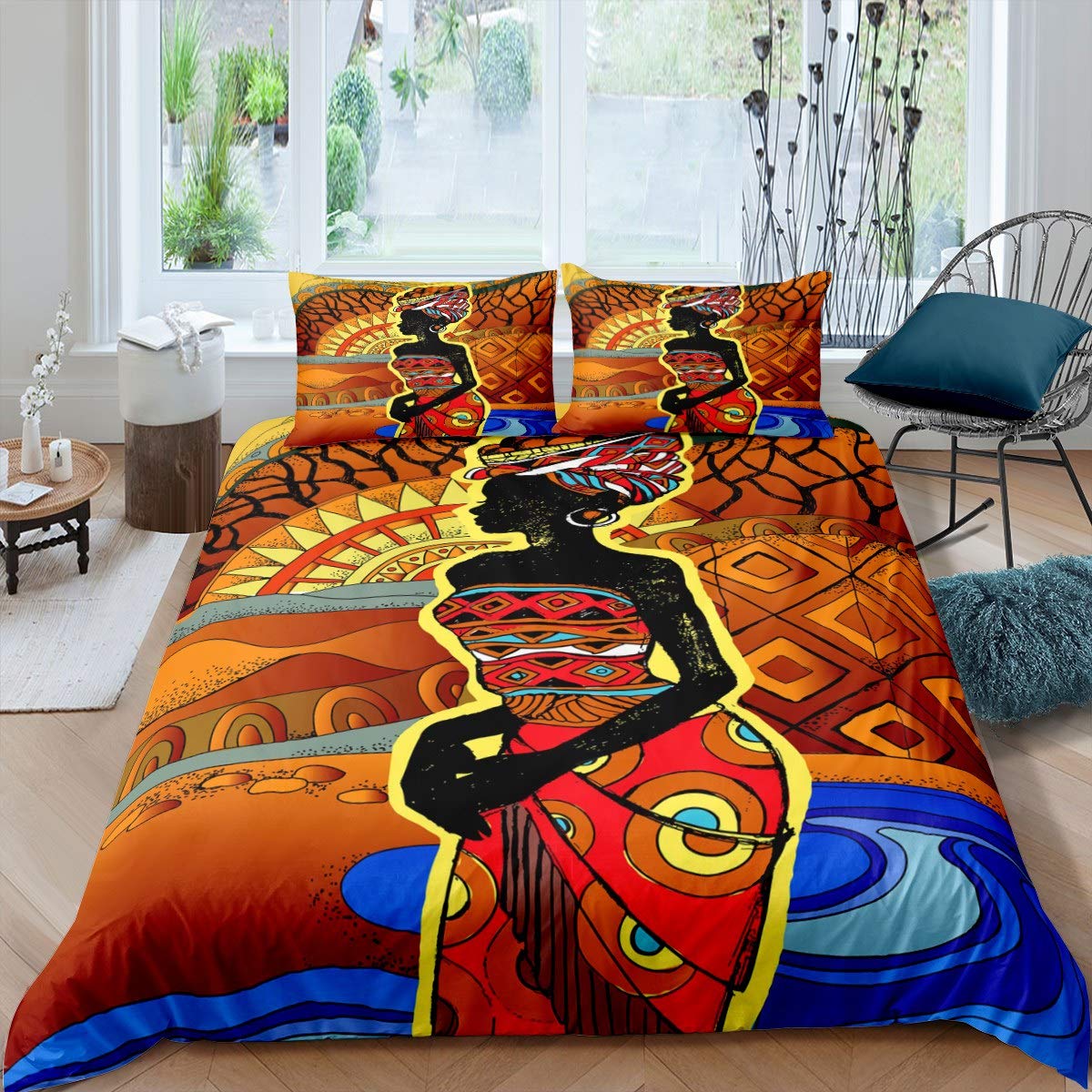 Loussiesd African Woman Bedding Set Girls Ethnic Afro Duvet Cover Adults Tribal Exotic Comforter Cover Chic African Bedspread Cover,Room Decor 3Pcs Bedding King Size