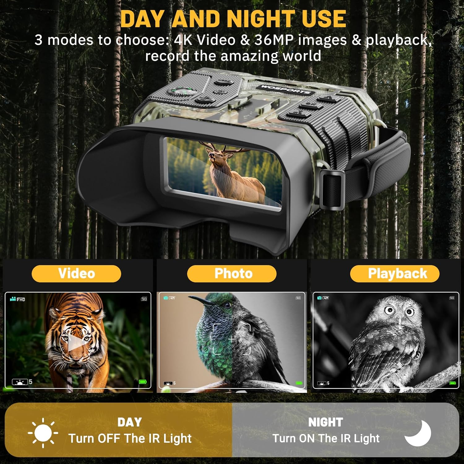 WOSPORTS 4K Night Vision Goggles with 36MP Photo, 1300FT Range, Built-in Flashlight & Compass, 5000mAh Battery, Supports 256GB SD, for Security, Camping, Travel Use - Image 2