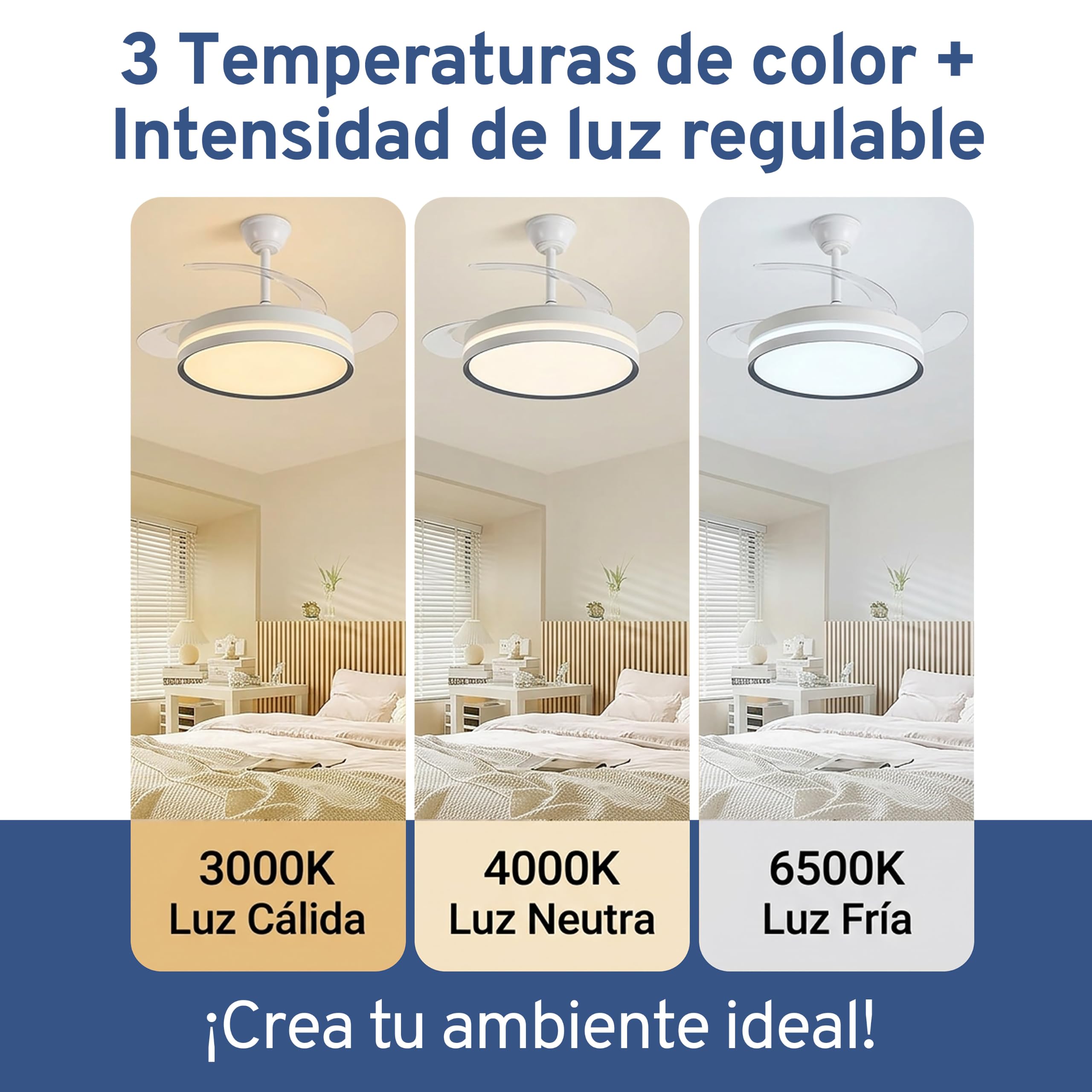 Ventilador techo, aspas retráctiles, luz regulable: BRISANOVA RETRÁCTIL. 6 Velocidades 3 tonos luz.Temporizador. Silencioso. 30W. Modo Verano/Invierno. Ø 48.5cm aspas cerradas. Ø 106cm aspas abiertas
