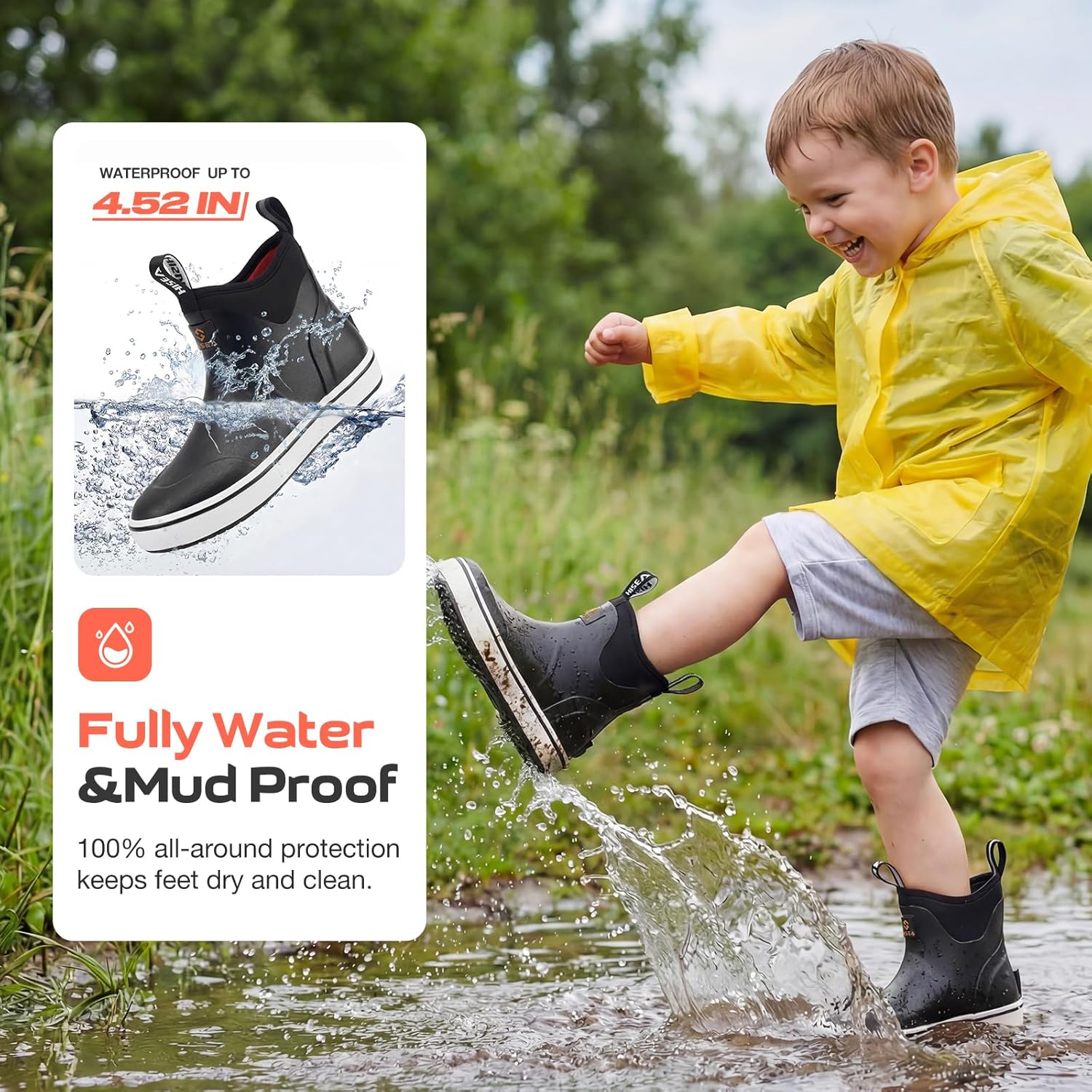 HISEA Kids Easy-On Rain Boots for Boys and Girls, 4mm Neoprene Insulated Waterproof Deck Boots, Non-Slip Rubber Ankle Mud Boots for Toddler & Big Kid