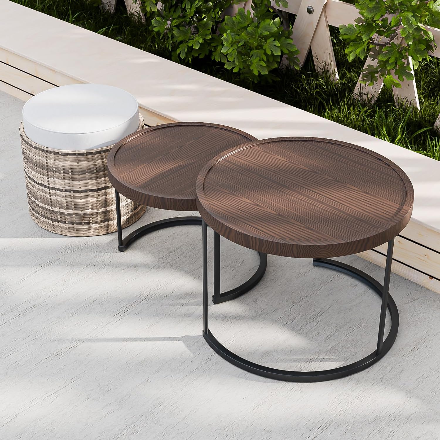 Cabana Chic Nesting Tables with Ottomans, Outdoor Round Side Table, Nesting Coffee Table Set, 2 Tables 1 Ottoman, Brown/Beige