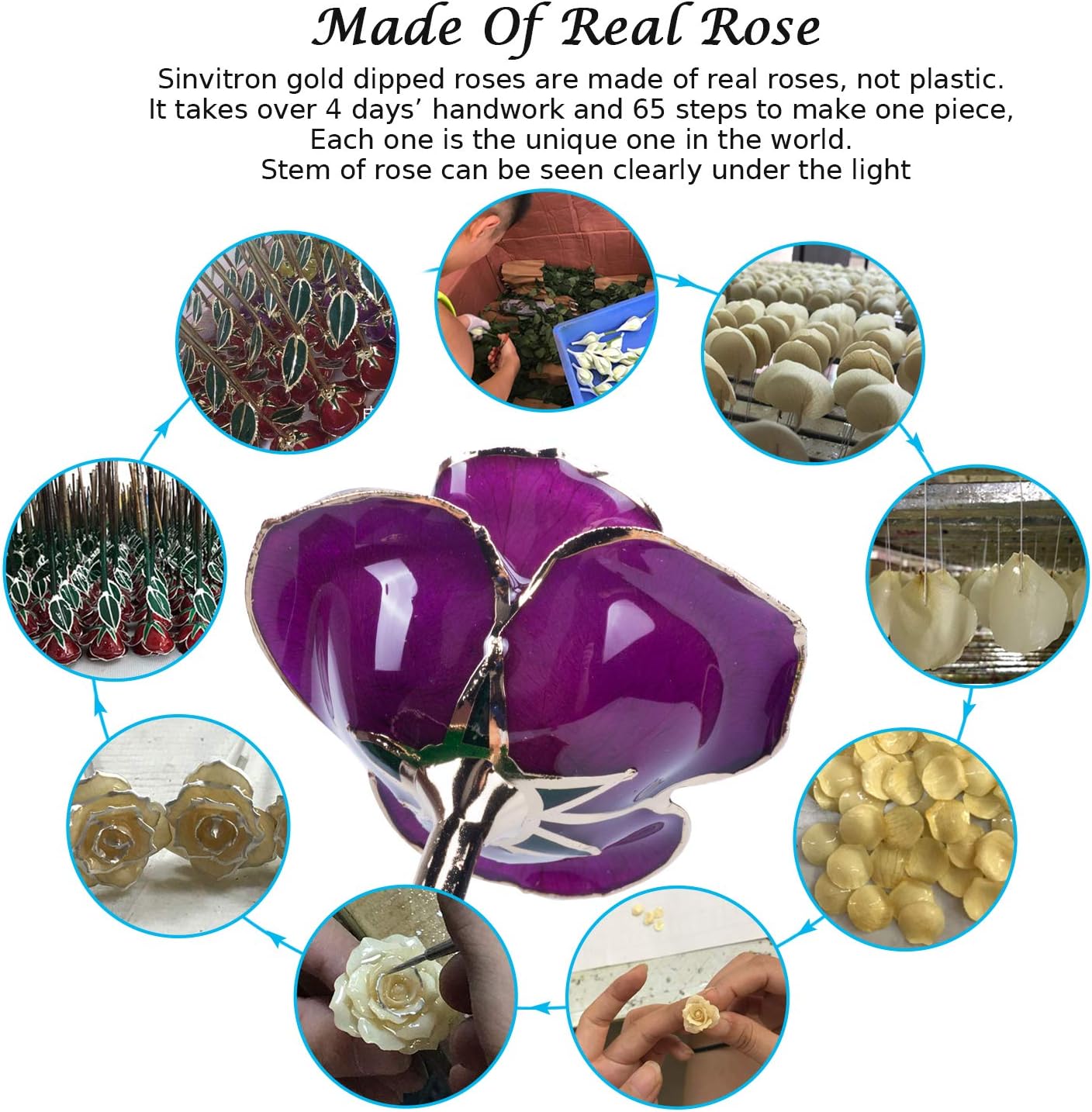 Sinvitron Gold Dipped Infinity Rose Forever Flower Decor, Resin Preserved Real Rose Birthday Gift for Women, Anniversary Present for Mom (Purple) - Image 4