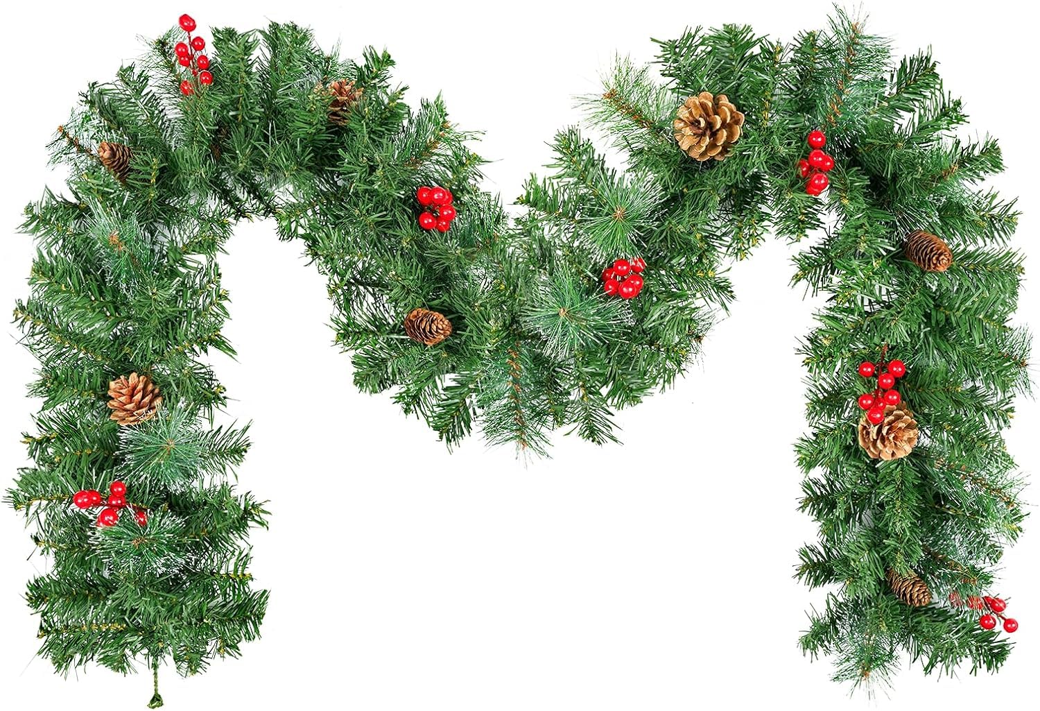 9FT/2.7m Christmas Garland, Uten Fireplace Garland Christmas, Green Christmas Garland with Pine Needles, Pine Cones Red Berries Artificial Wreath Garland for Fireplace Stairs Door Xmas Tree Decor