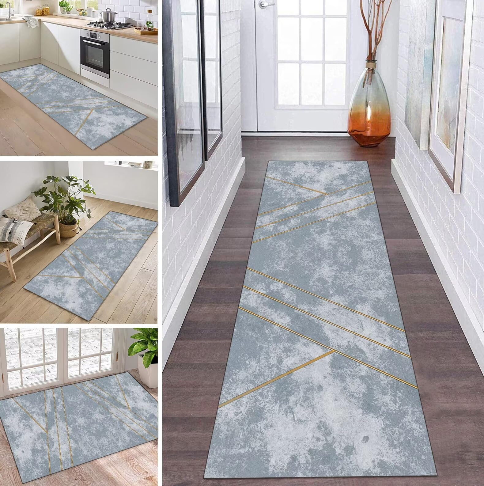 Tappeto runner per corridoi, lungo antiscivolo, 80 x 300 cm, tappeto da cucina, lavabile, blu, grigio, oro, corridoio, tappeto per camera da letto, soggiorno, design moderno antiscivolo per