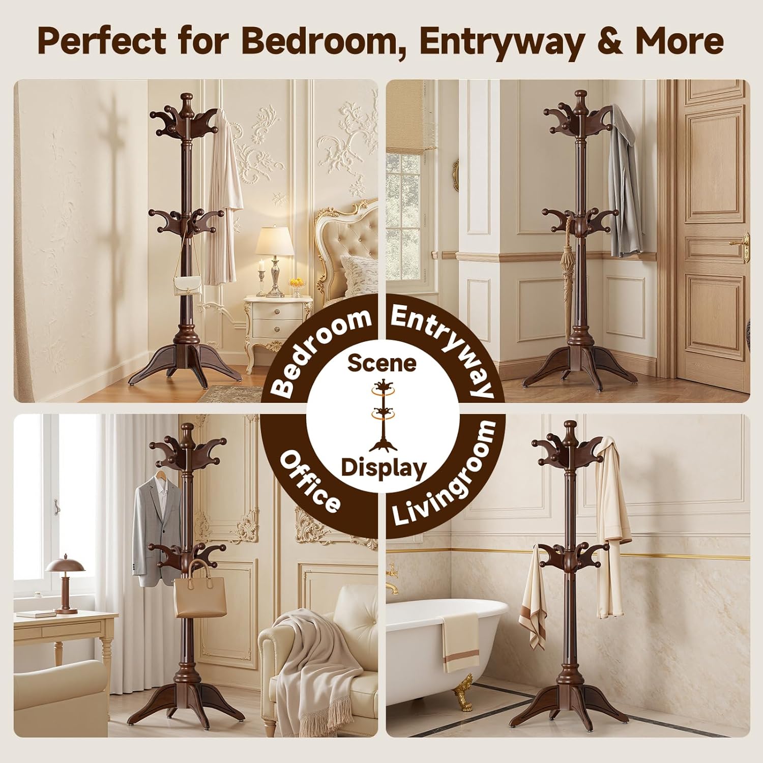Solid Wood Rotary Coat Rack Freestanding, Heavy Duty Coat Hanger Stand with 2 layer Multi-direction Hooks, 360° Rotating Standing Coat Rack Tree for Entryway, Bedroom, Office, H: 71.6in (Walnut)