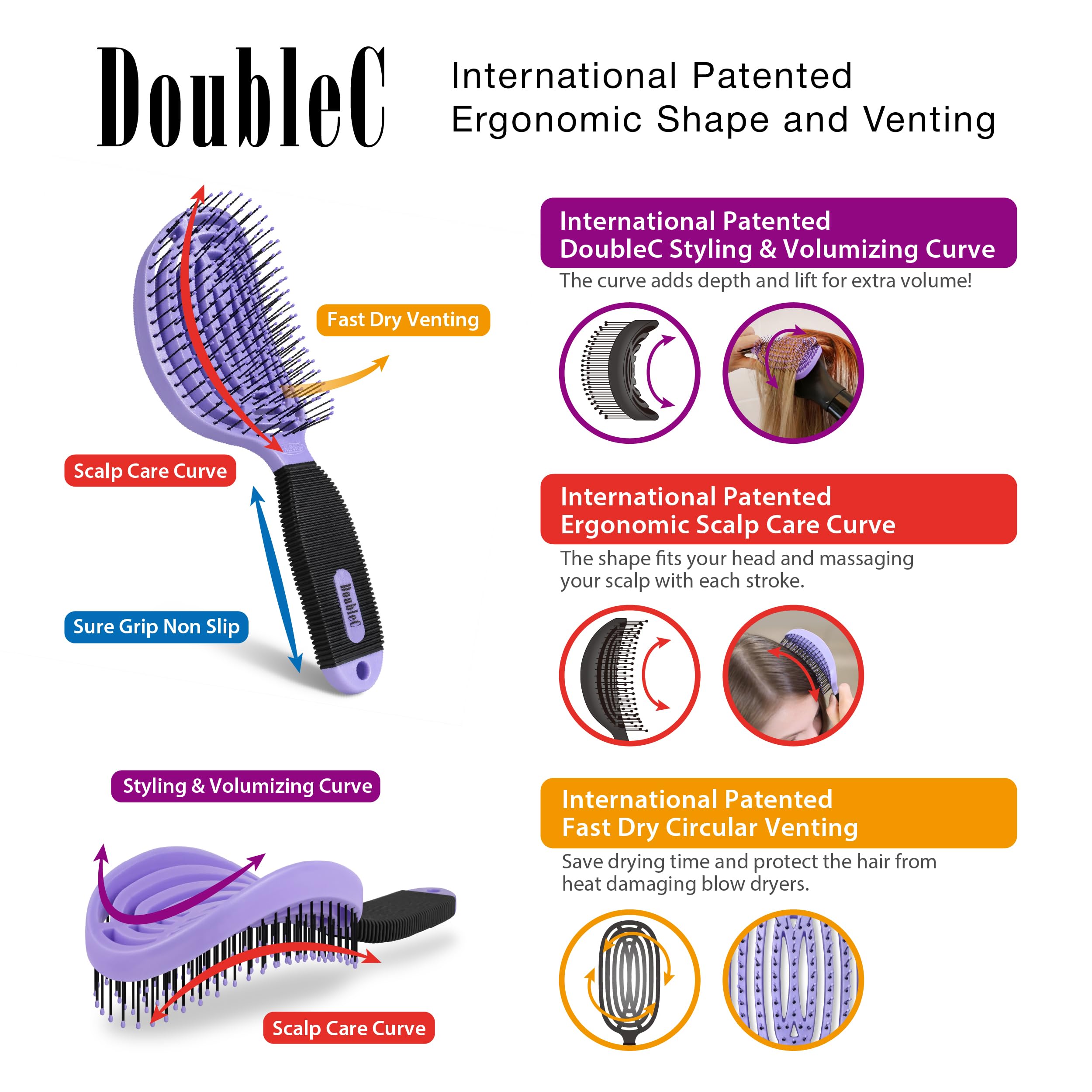 NuWay 4HAIR Opatentowana w USA podwójna zakrzywiona szczotka do rozczesywania DoubleC nadaje się do suszenia włosów (fioletowa)