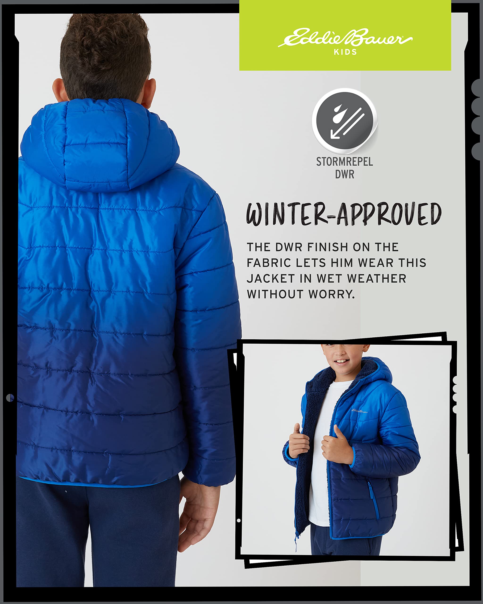 Eddie Bauer Reversible Jacket - Waterproof Lightweight Fleece Lined Hooded Puffer Coat - Boys Outerwear Jacket (5-20) Giacca Bambini e ragazzi (Pacco da 1)