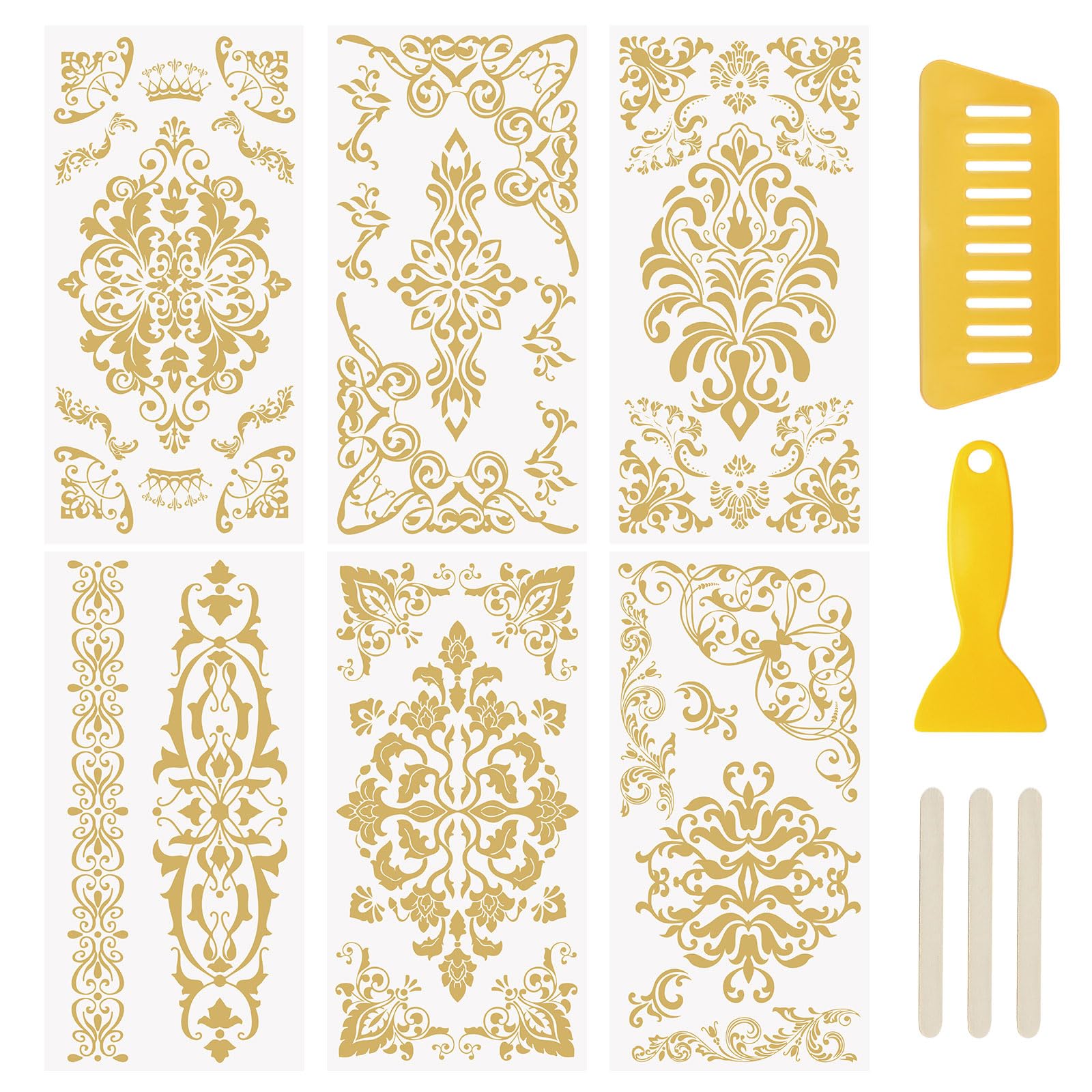 WANDIC 6 Sheets Rub on Transfer Stickers, Gold Line Floral Border Pattern Decorative Furniture DIY Stickers Decals for Scrapbook,15 * 30cm