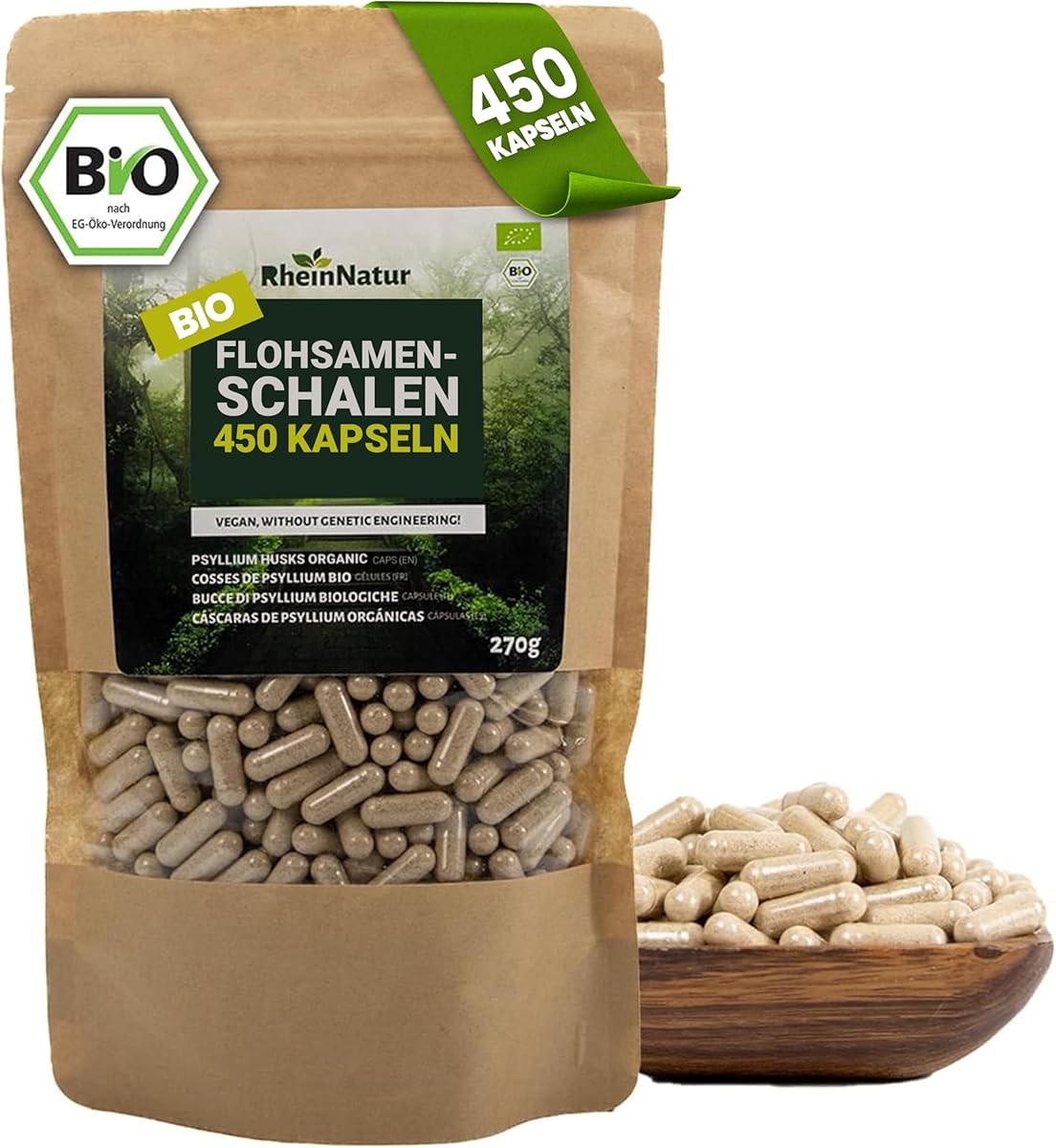 RheinNatur Bio Flohsamenschalen Kapseln - 450 Stk hochdosiert (3.000 mg je Portion) - Hergestellt in DE - Psyllium Husk Ballaststoffe – Flohsamen Kapseln