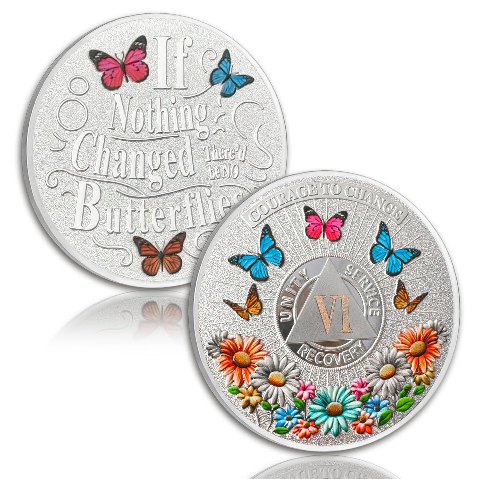 Colorful Sunflower 6 Year Sobriety Coin Butterfly Six Year Sobriety Chip Courage to Change AA Chips and Medallion Silver AA Coin Recovery Anniversary