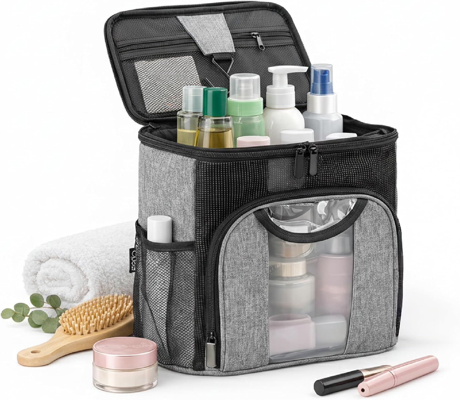Opaal 11” Tall Vertical Makeup Organizer Bag – Professional Hairstylist Travel Bag for Hair Tools & Hairspray – Large Standing Waterproof Cosmetology Case for Full-Size Toiletries & Bottles