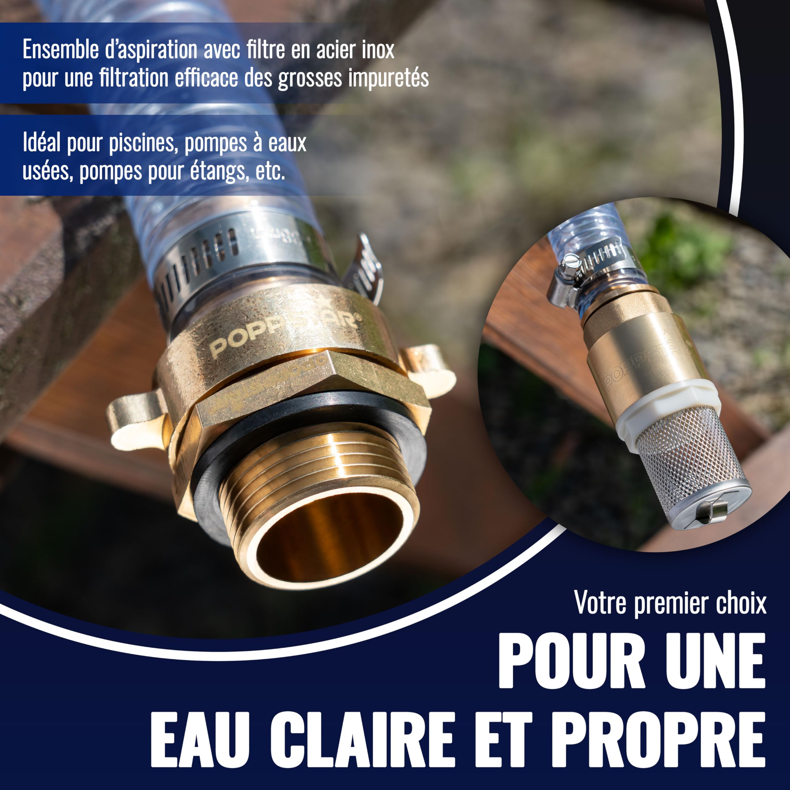 Poppstar Tuyau d'aspiration 1 pouce 7 m (DI 25 / DE 33 mm, Paroi 4 mm), crépine inox clapet anti-retour, écrou-raccord DI 1 1/4" (41,9 mm), réducteur DE 1" (33,3 mm)