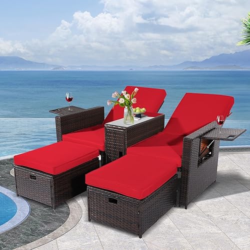 Tumbona de mimbre para exteriores, 5 piezas, silla reclinable ajustable de ratán con otomana y mesa auxiliar, para patio, playa, piscina, patio
