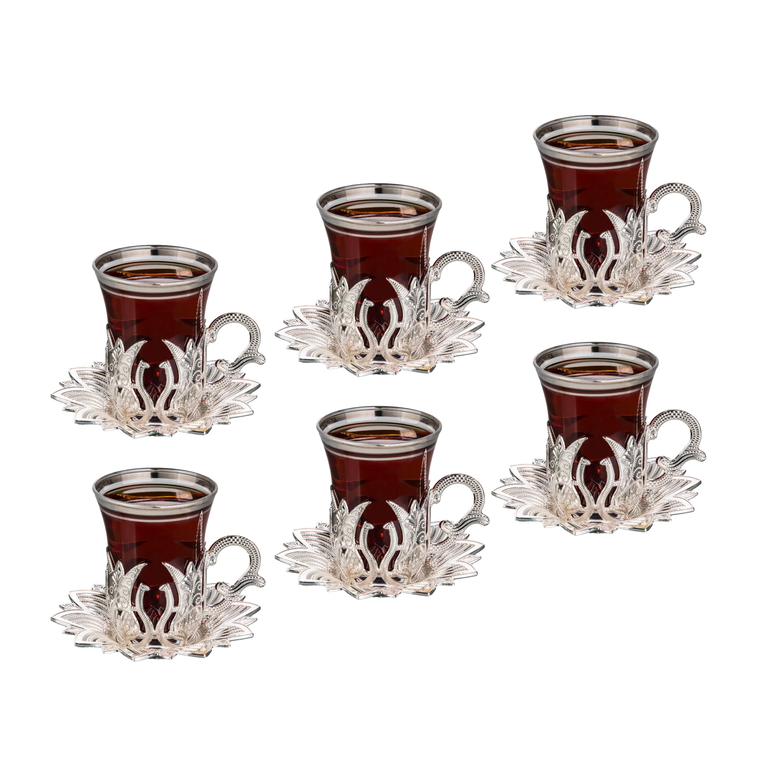 LaModaHomeSilver Tea Set of 6 - Includes 6 Glasses, 6 Saucers Holders - VIP Special Serving Turkish Tulip Arabic, Moroccan Coffee Sets - Machine Washable Cup, Mug (Silver)
