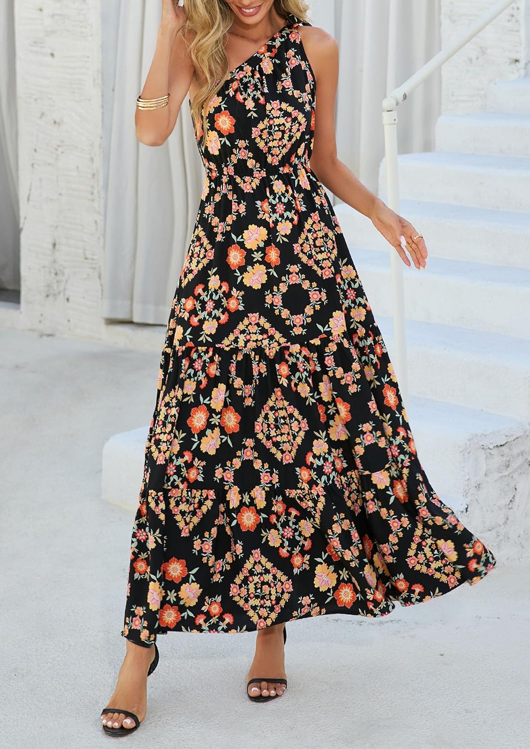 PRETTYGARDEN Women's Summer Floral One Shoulder Maxi Dress Knot Ruffle Boho Beach Vacation Wedding Guest Long Sun Dresses - Image 2