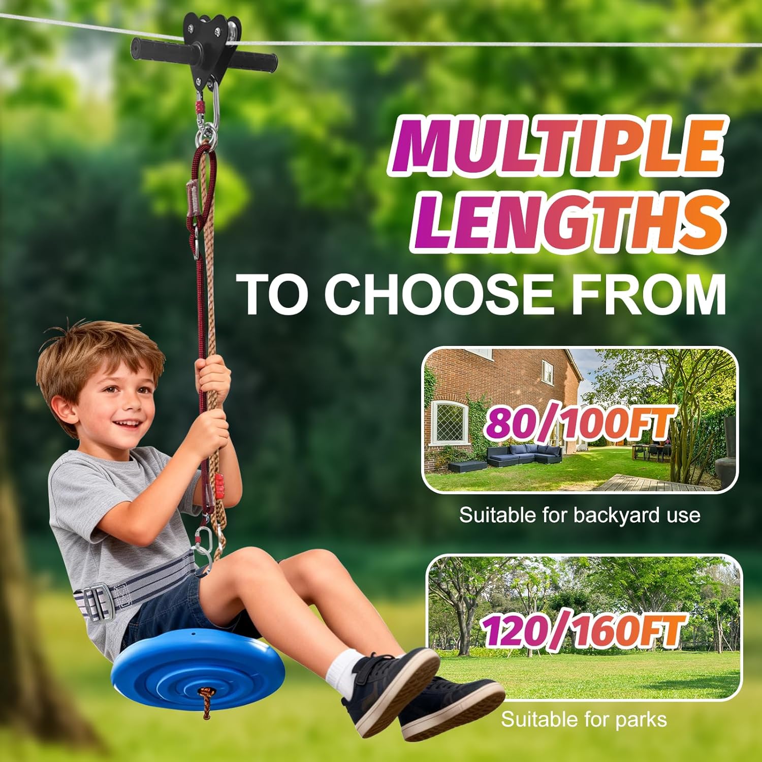 Zip line Kit for Kid and Adults,Zip line Up to 400lbs,Special Retractors and Disc Seats,Zipline Kit for Backyard,Playground Entertainment (160ft)