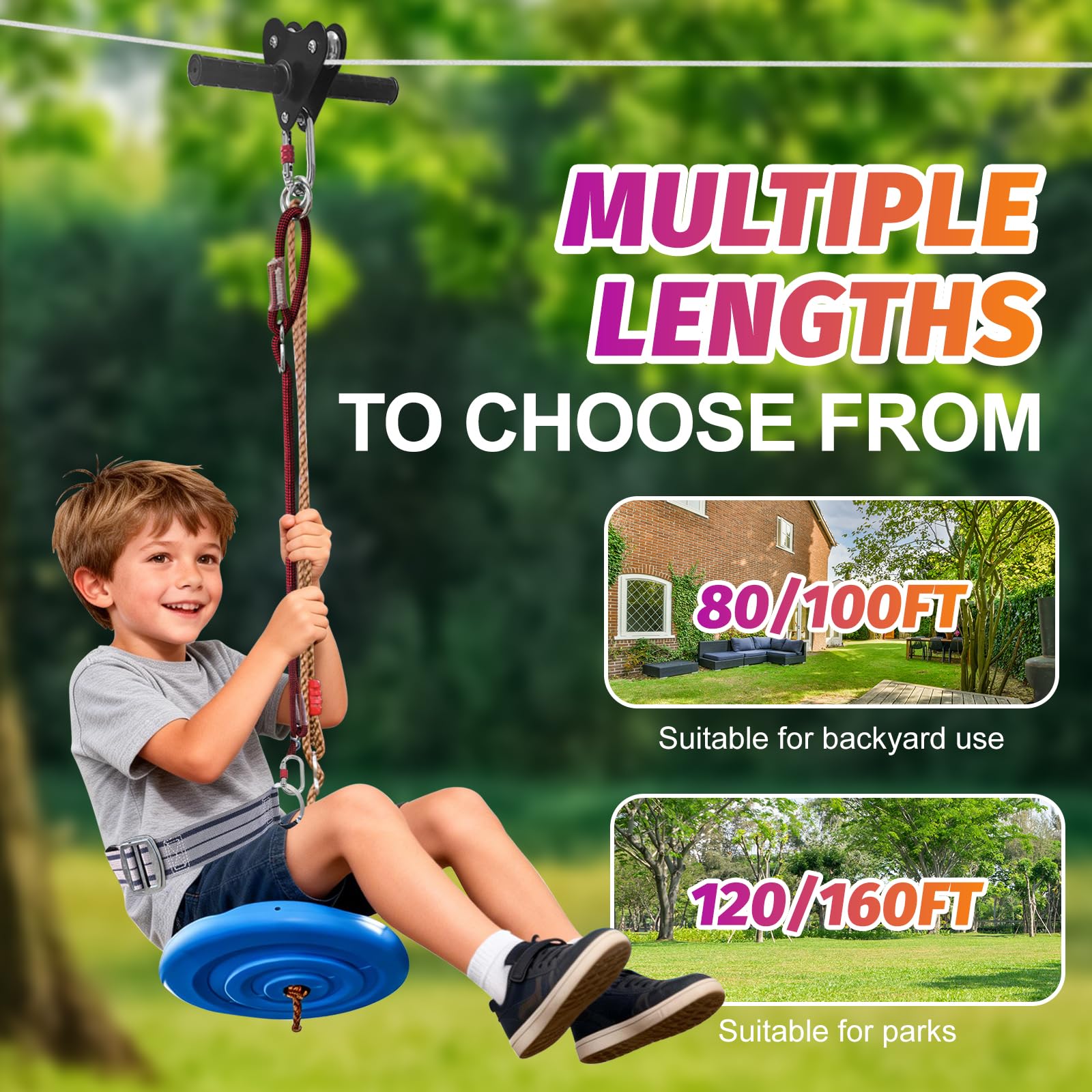 AOBOTE Kit de tirolesa para niños y adultos, tirolesa de hasta 400 libras, retractores especiales y asientos de disco, kit de tirolesa para patio trasero, entretenimiento en el parque infantil (120