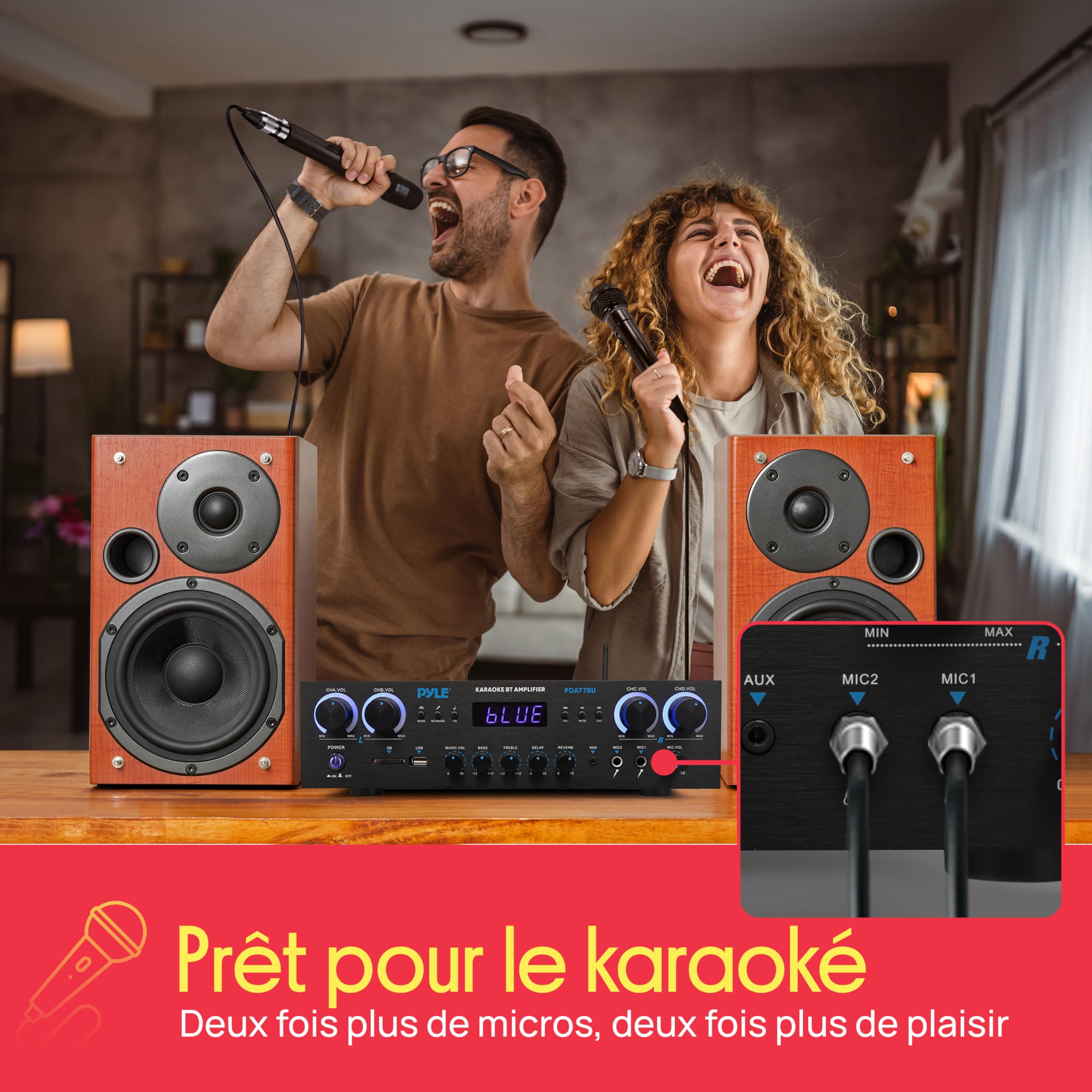 Pyle Amplificateur Bluetooth 4 Canaux 800W – Récepteur Audio HiFi pour Home Cinéma, Studio Musique, DJ & Enceintes Maison | USB, MP3, AUX, FM, Micro avec Réverbération, Écho, Contrôle Volume LED