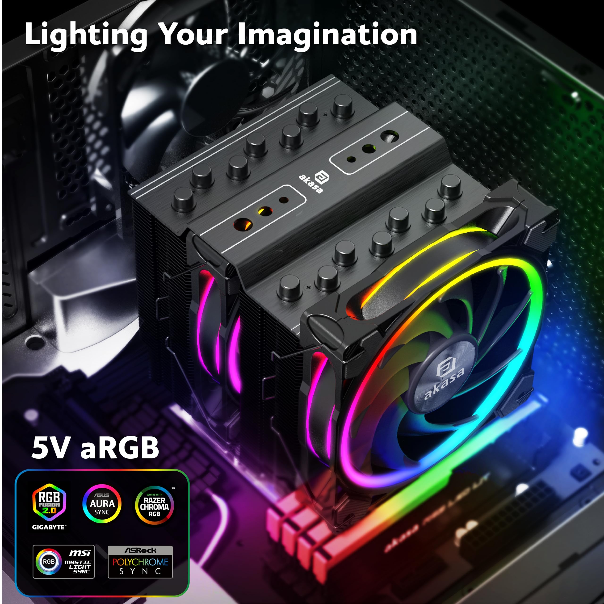 Akasa SOHO H7 Premium Dual Tower 7-Heatpipe chłodzenie procesora z adresowalną RGB, 250 W TDP, wentylator PWM 120 mm, obsługuje Intel LGA 1700/1200/115X/20XX AMD AM5/AM4, AK-CC4026HP01