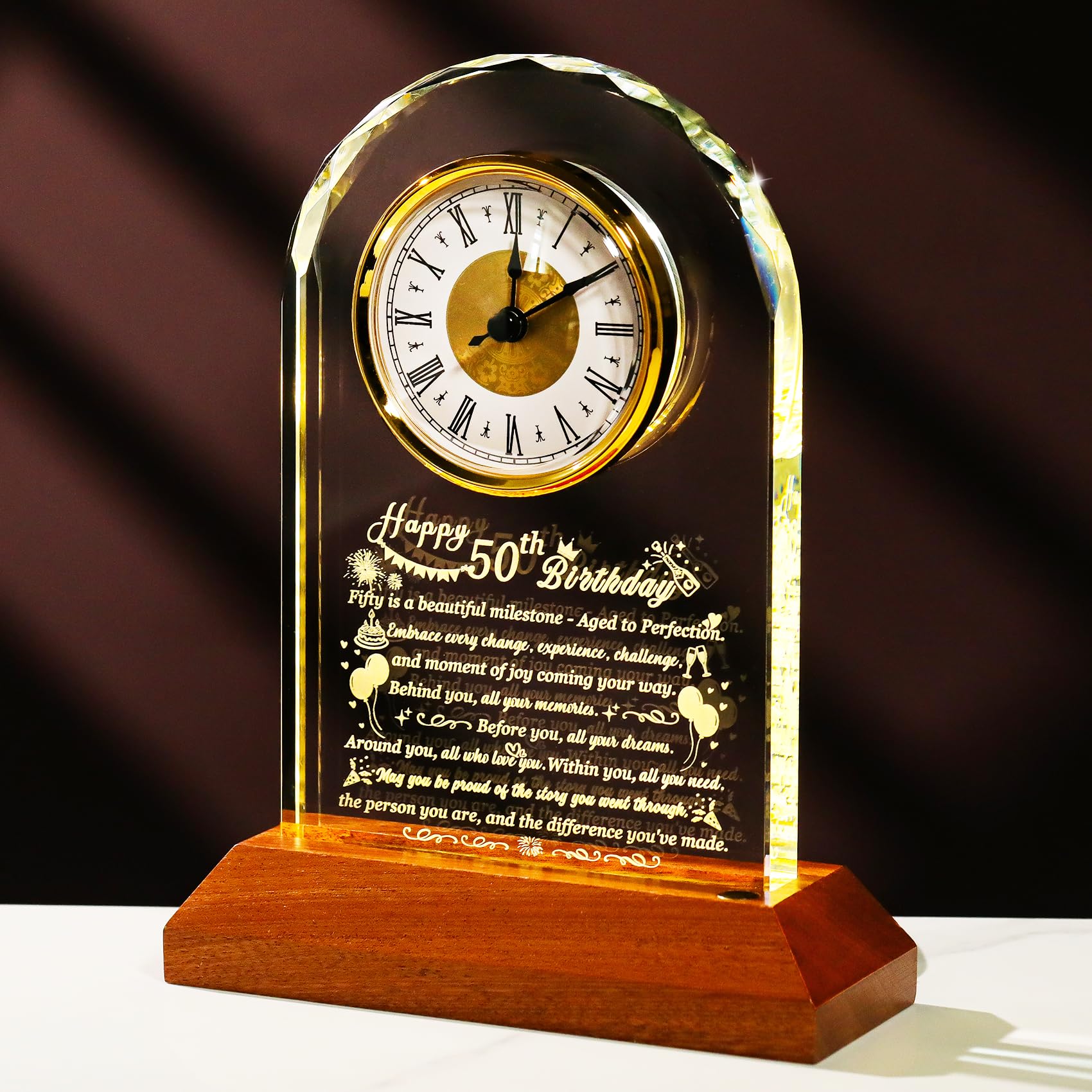 Arikyrist Happy 50th Birthday Glass Clock Gifts for Women, Men - 50 Year Old Birthday Gift with Wooden Light Base for Her Him, Turning 50 Quartz Clock