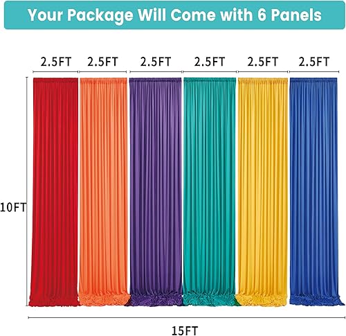 Miniatura 3 de Cortina de telón de fondo arcoíris de 10 x 15 pies para fiestas, 6 paneles de 2.5 x 10 pies, rojo, naranja, amarillo, turquesa, morado, cortinas de