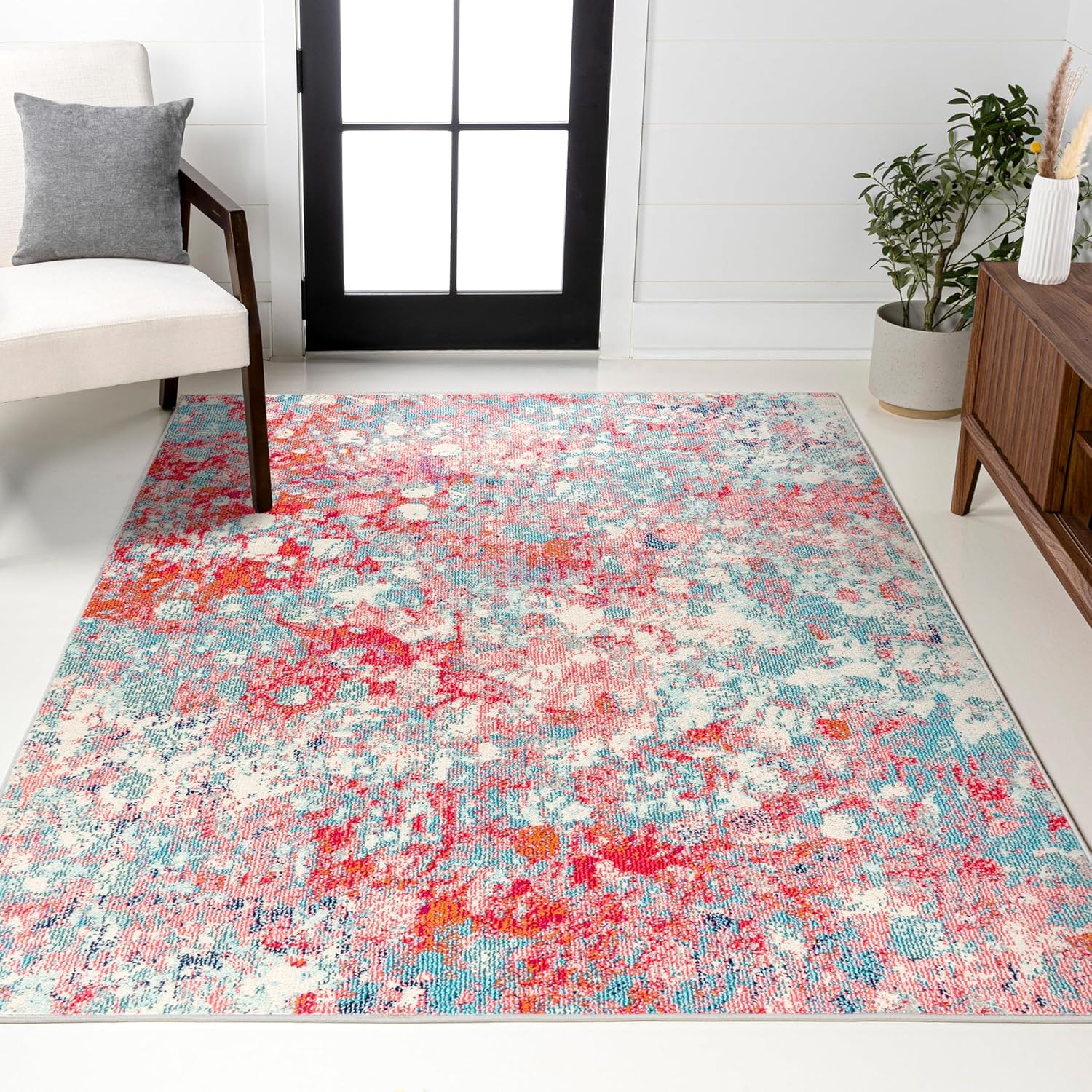 Tapis grand salon lavable en machine 200 x 300 cm antidérapant abstrait rouge
