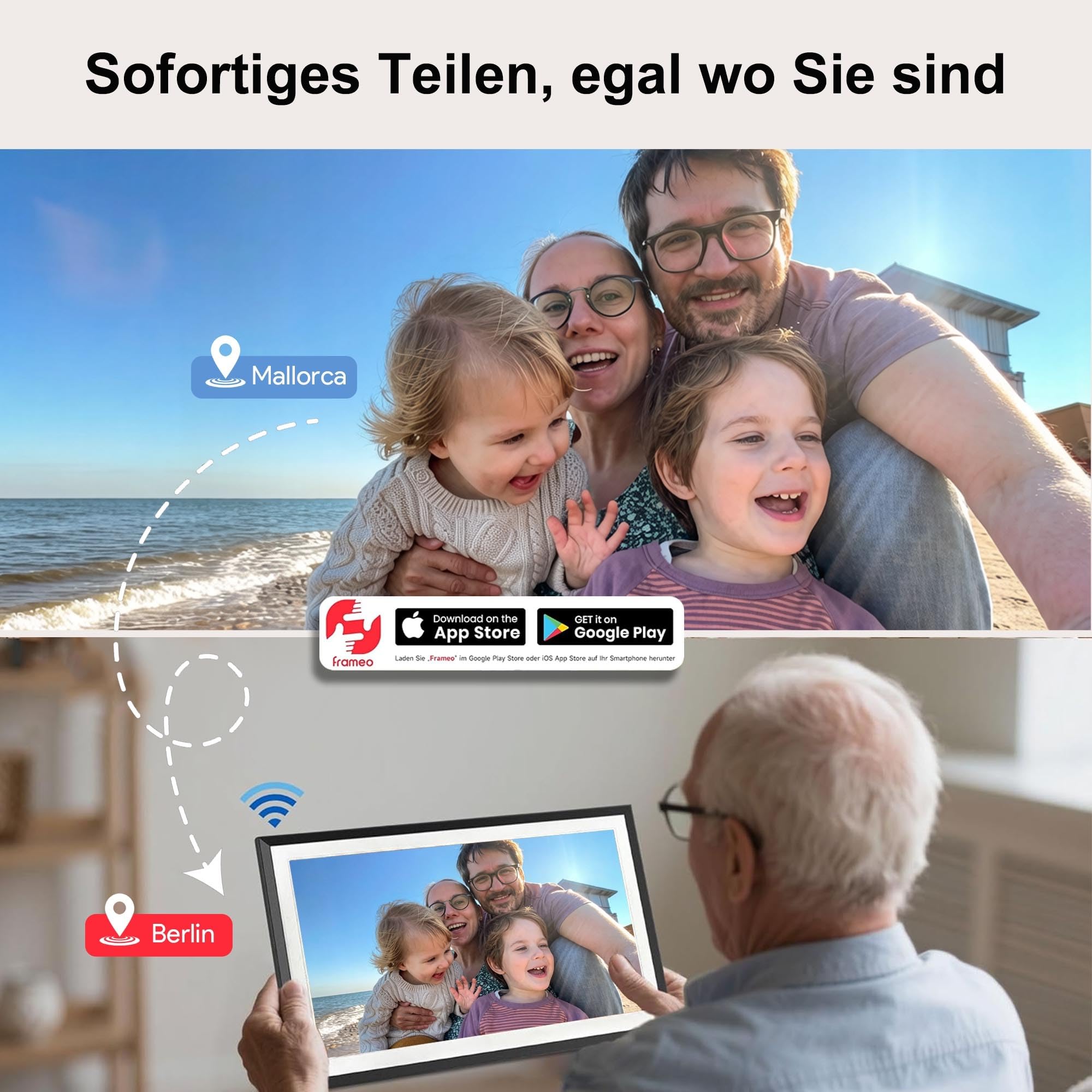 Frameo Digitaler Bilderrahmen 15,6 Zoll Full-HD - WLAN Touchscreen mit App-Steuerung, Videos mit Ton, 32GB Speicher, Geschenk für Mama, Eltern und Großeltern