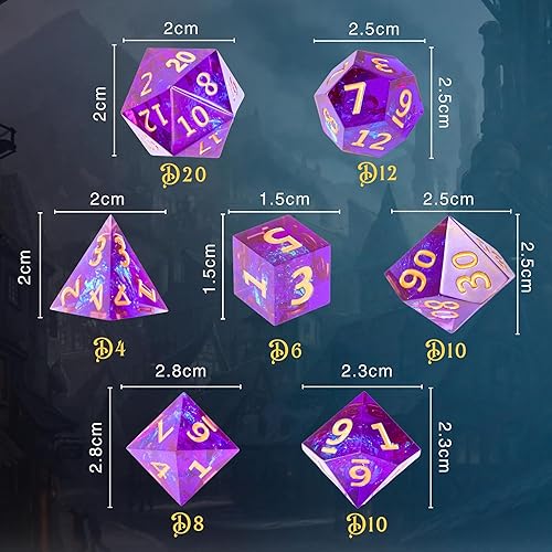 Miniatura 6 de DND - Juego de 7 dados poliédricos de resina de borde afilado para Calabozos y Dragones, con bolsa de dados, bandeja de dados y calcomanías (lavanda